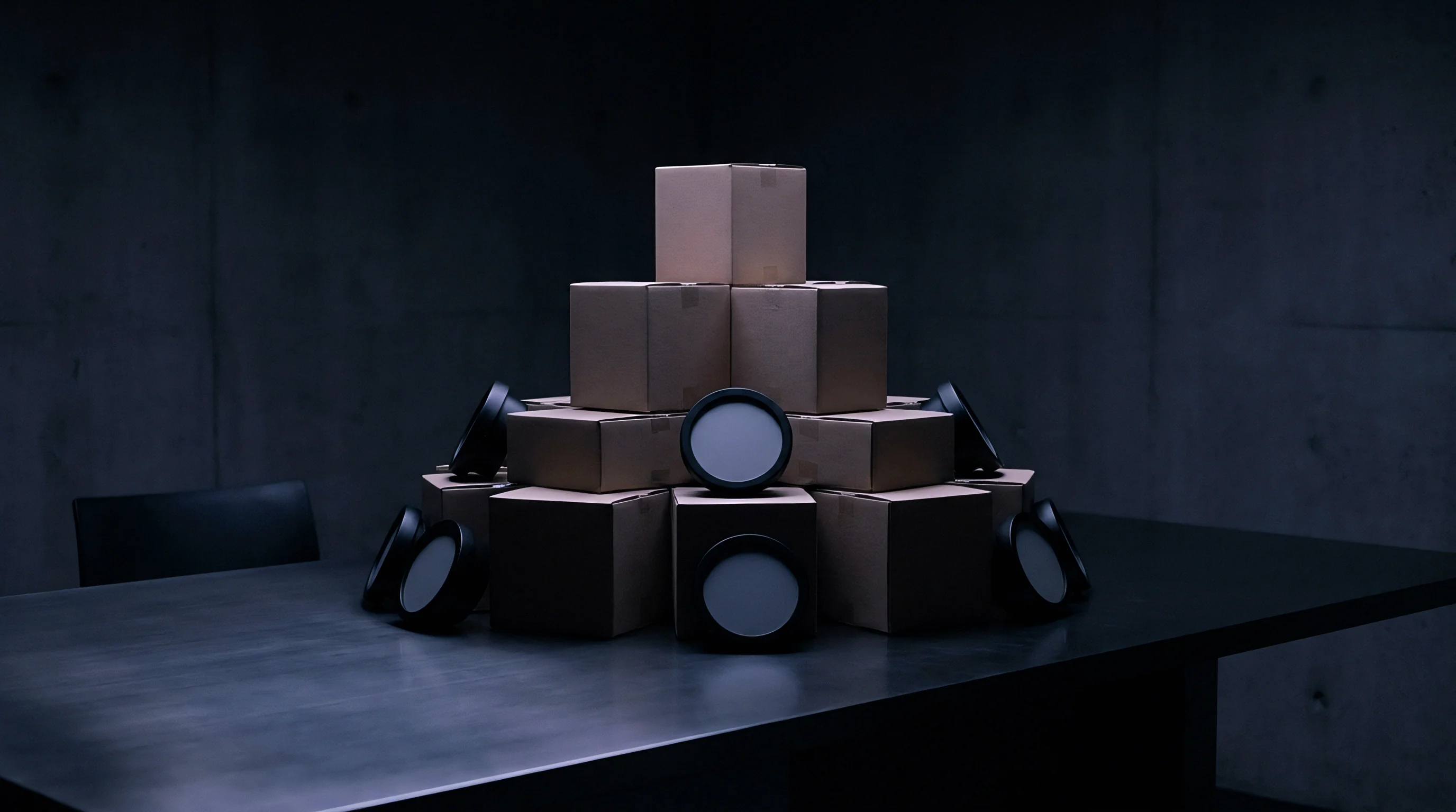 Kraft corrugated cardboard cartons are stacked in a pyramidal structure on a dark steel table surrounded by circular sample housings.