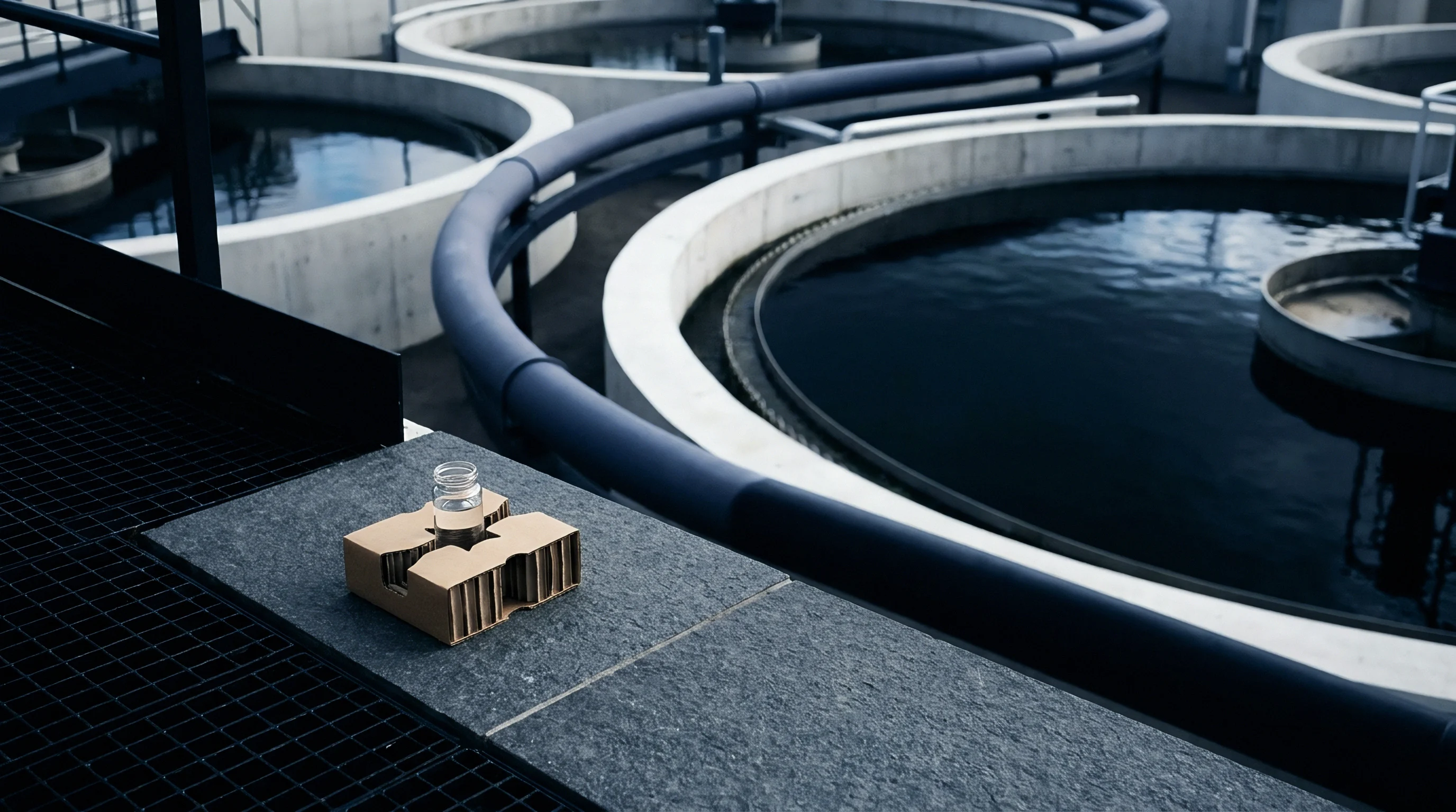 A custom corrugated cardboard holder cradles a small glass vial of clear liquid on a textured surface overlooking industrial water clarification tanks.