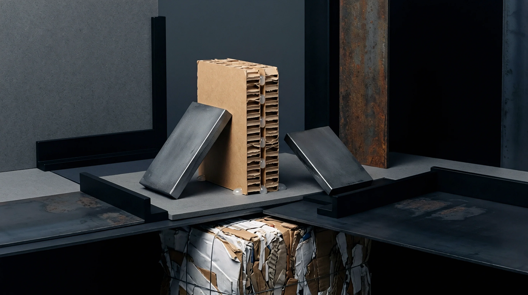 A corrugated paper honeycomb panel stands upright between angled metal plates on a grey surface above a compressed bale of waste cardboard.