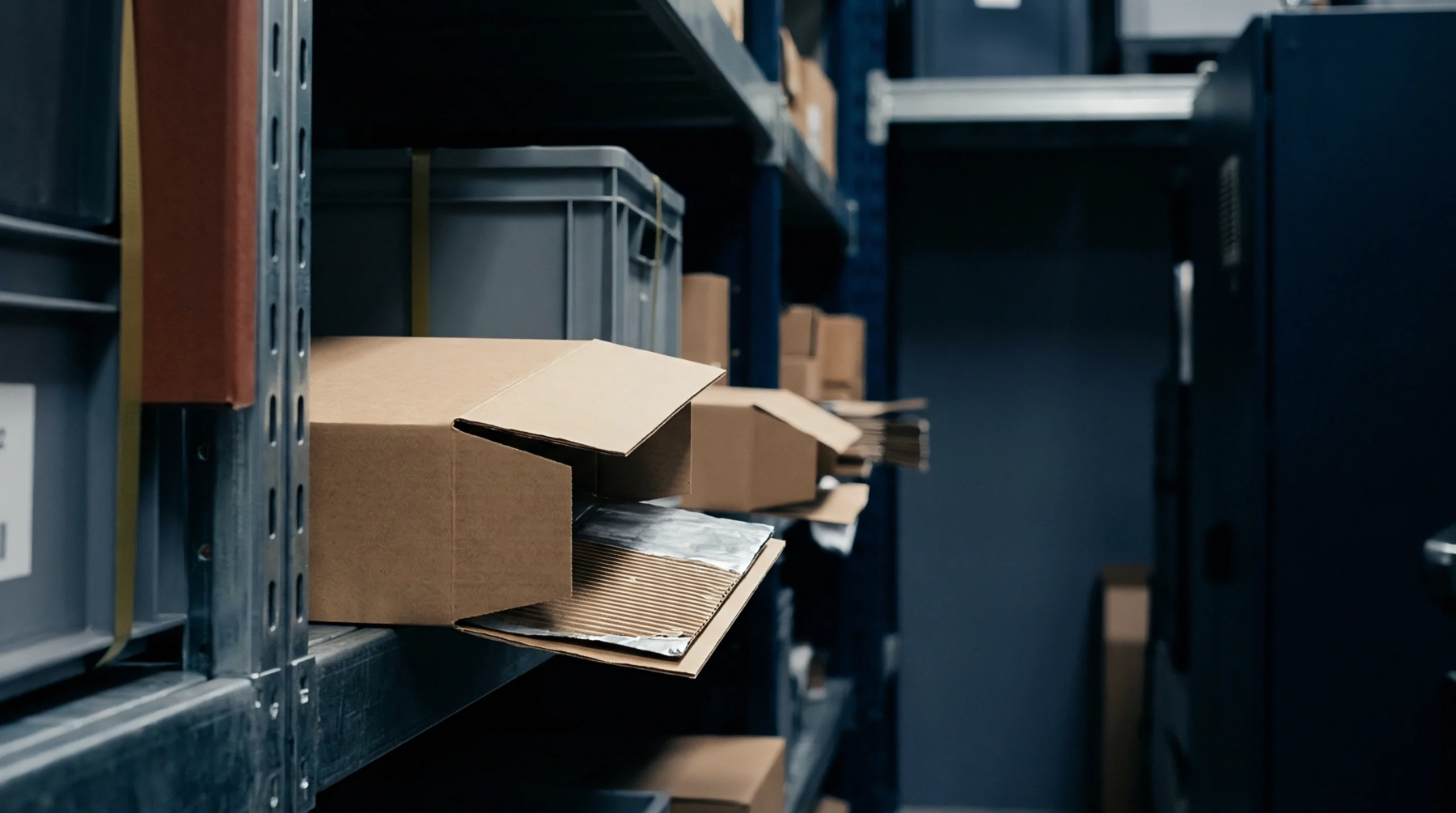 Warehouse shelving displays various corrugated fiberboard boxes and plastic containers, illustrating packaging materials in an industrial storage environment.