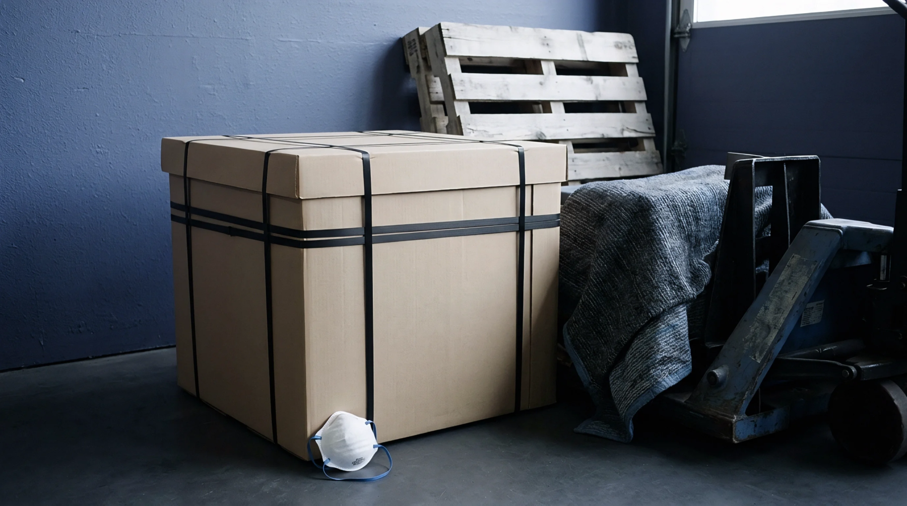 A large corrugated cardboard box, secured with black strapping, sits on a factory floor near handling equipment and pallets.