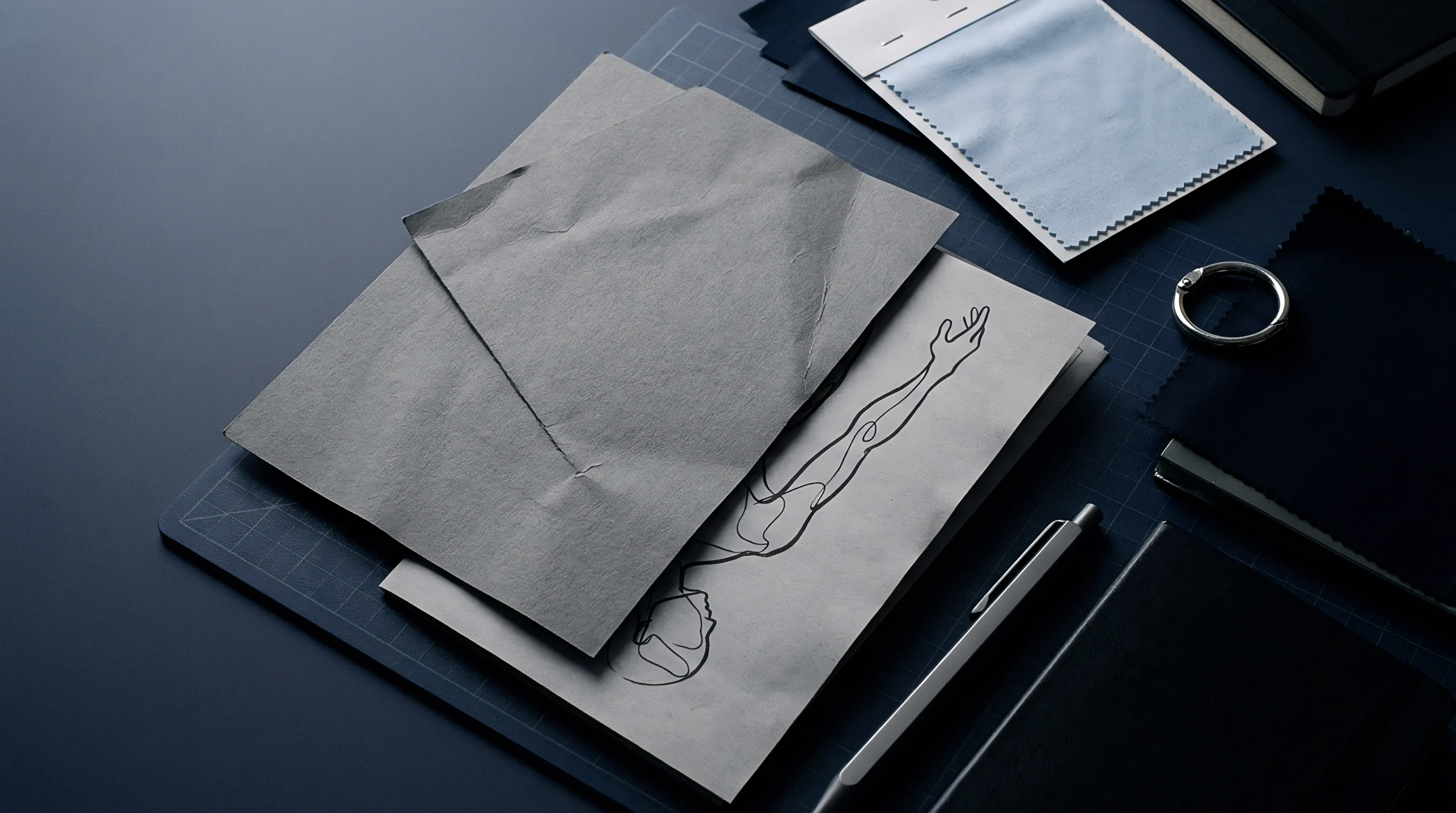 Textured gray paper substrates and a sketched design sheet rest flat on a dark cutting mat beside production accessories.