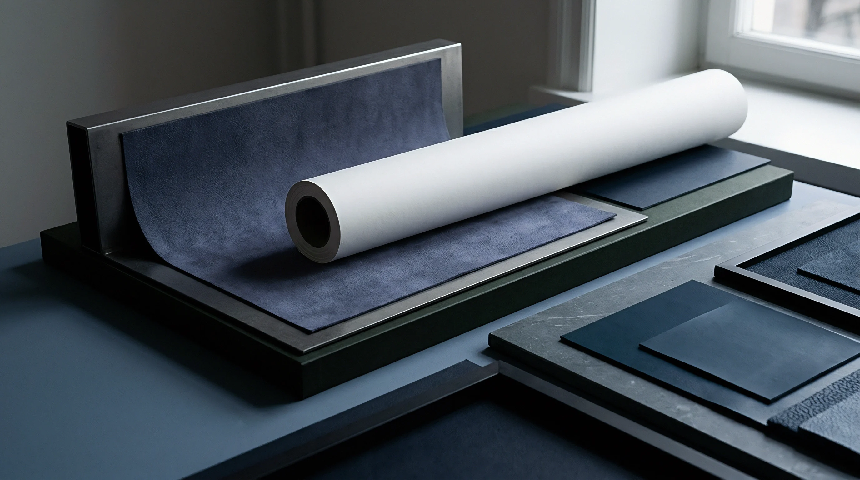 Various material substrates and a large white roll of flexible stock are arranged with dark sheets and presentation blocks on a flat surface.