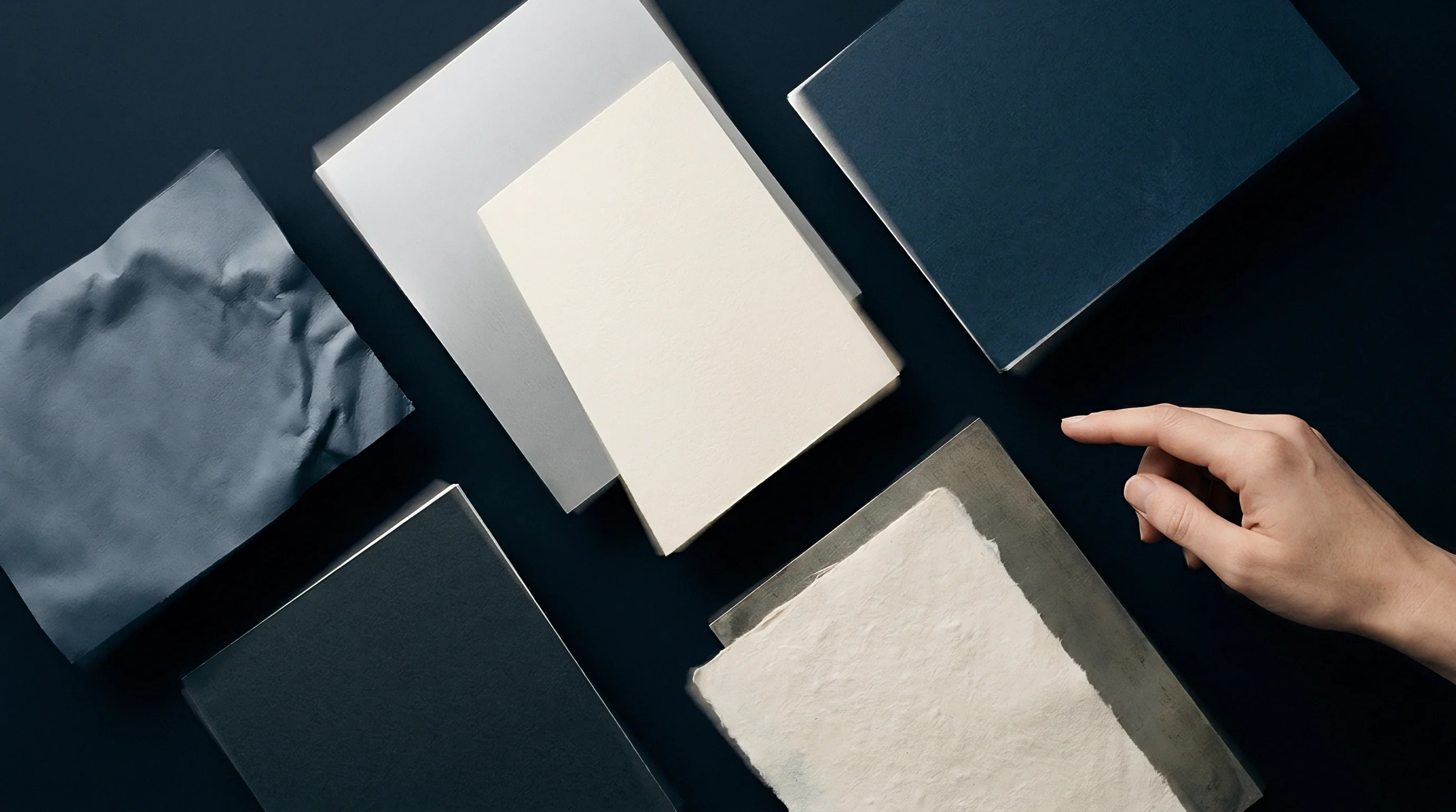 A flat lay arrangement showcases diverse paper stocks and substrate materials on a dark surface, featuring crumpled, smooth, and handmade textures.