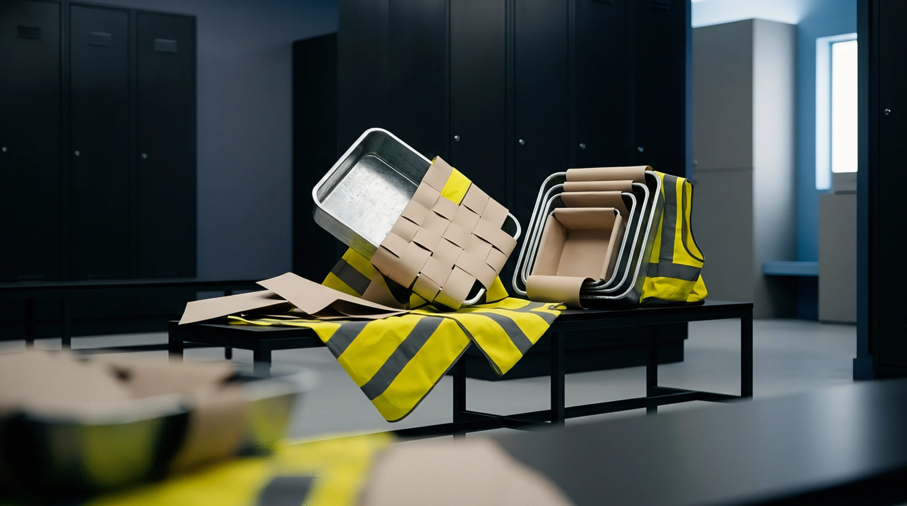Metal trays are partially enclosed with woven cardboard strips and scattered flat cardboard pieces lie on a high-visibility safety vest and bench.