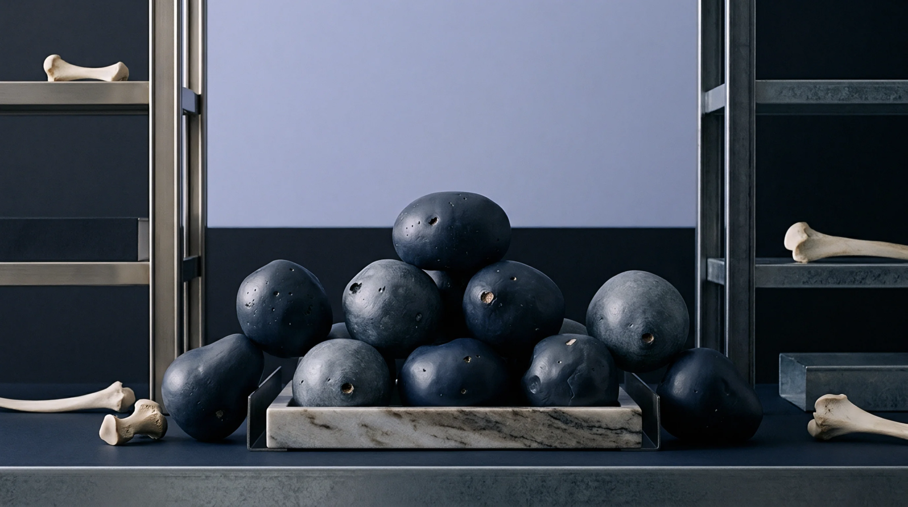 Matte black molded fiber prototypes rest upon a veined marble tray flanked by industrial metal framing and natural structural bone fragments.