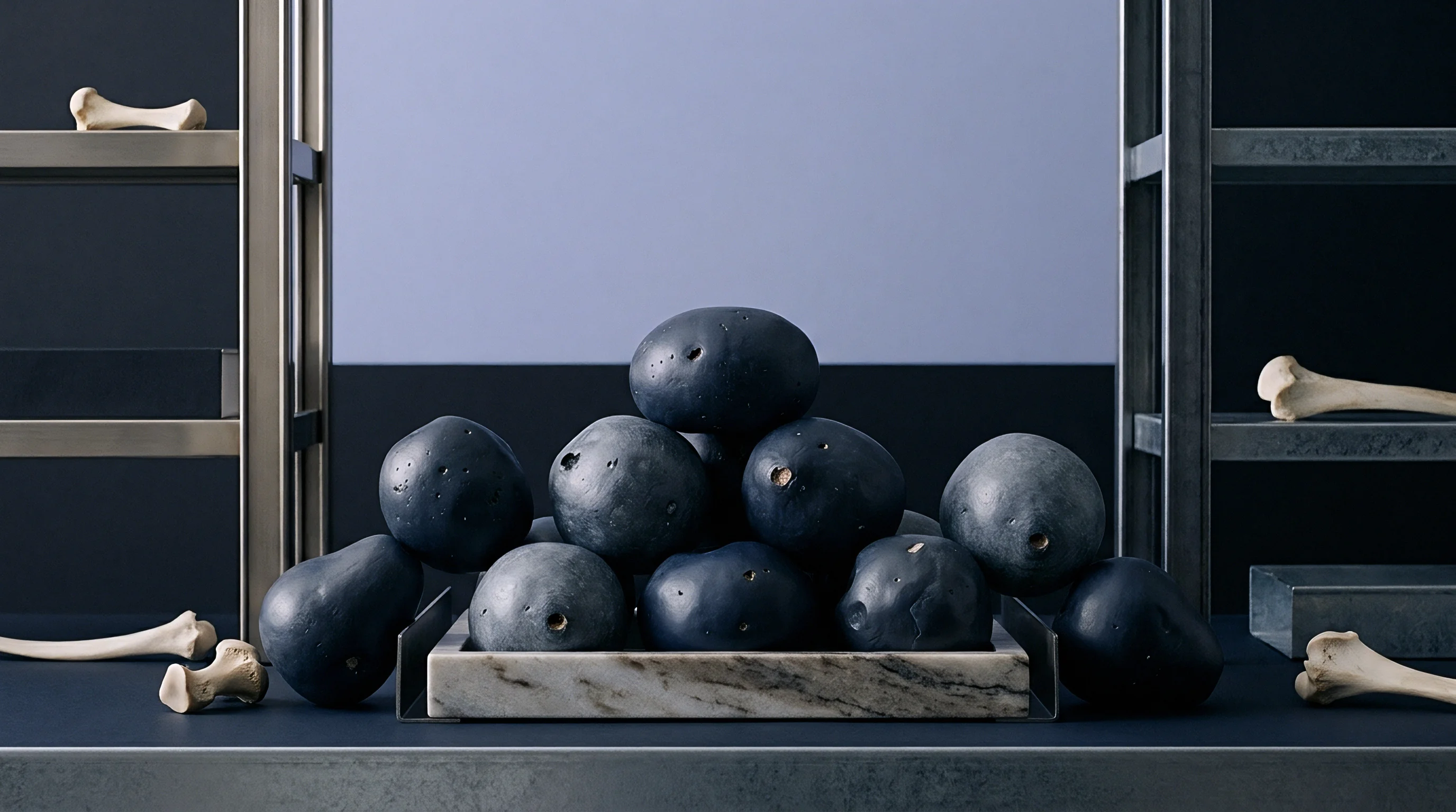 Matte black molded fiber prototypes rest upon a veined marble tray flanked by industrial metal framing and natural structural bone fragments.