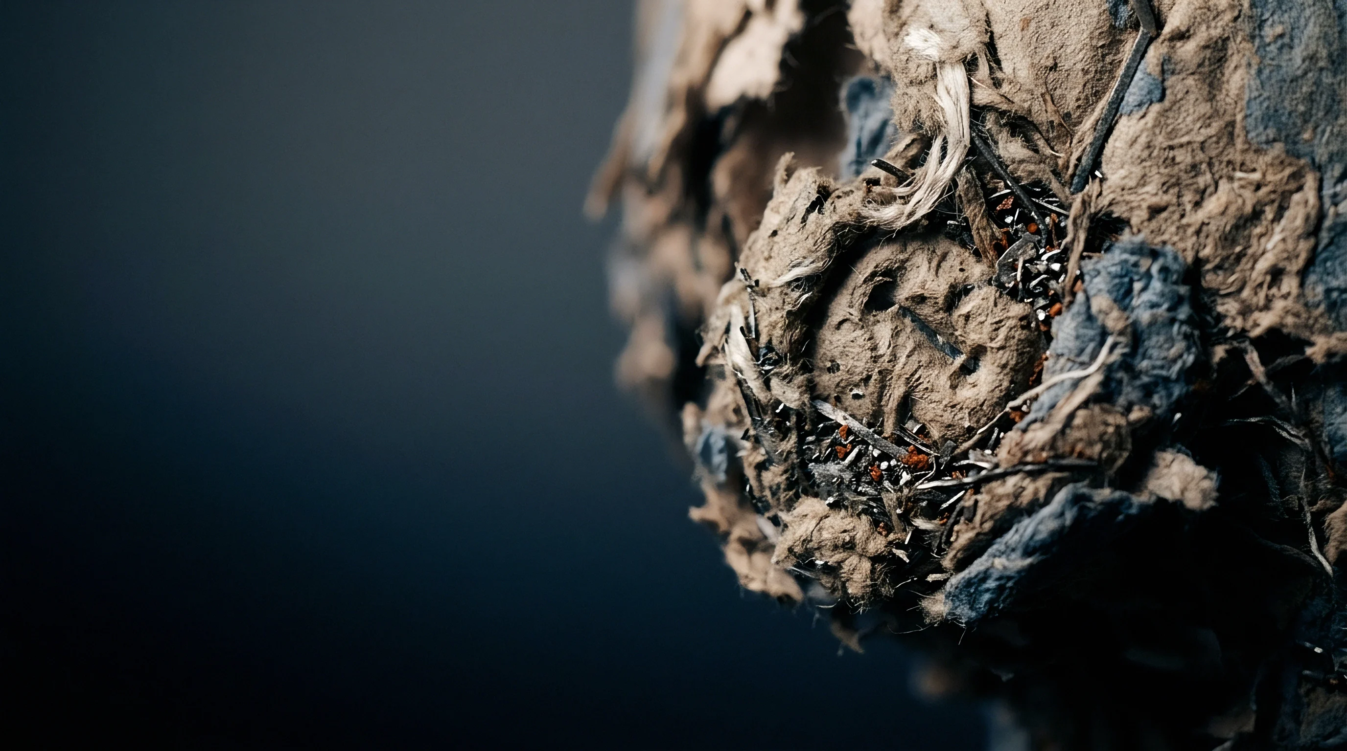 Dense recycled fiber pulp forms a textured molded substrate featuring embedded dark fragments and fibrous particulate matter.