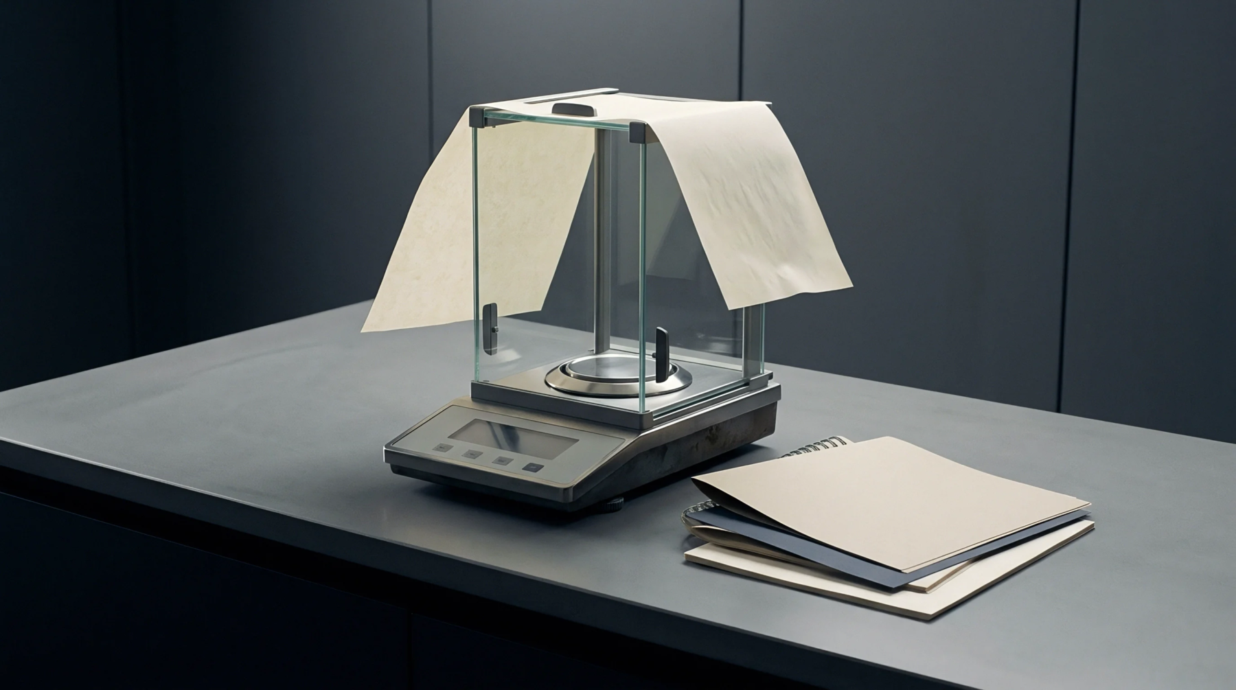 A digital analytical scale with a glass chamber rests on a dark surface alongside a stack of paper samples in this synthetic laboratory rendering.