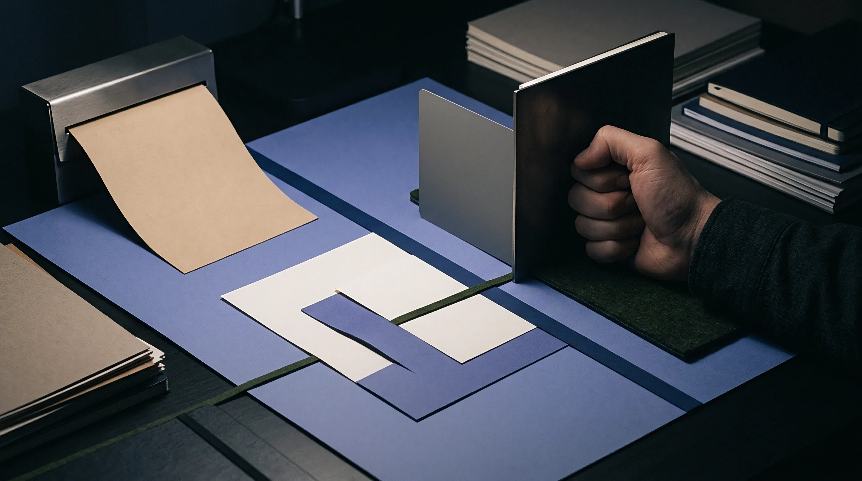 A digital illustration depicts a hand positioning a metal plate on a blue surface near stacked substrates and a paper feeding mechanism during quality testing.