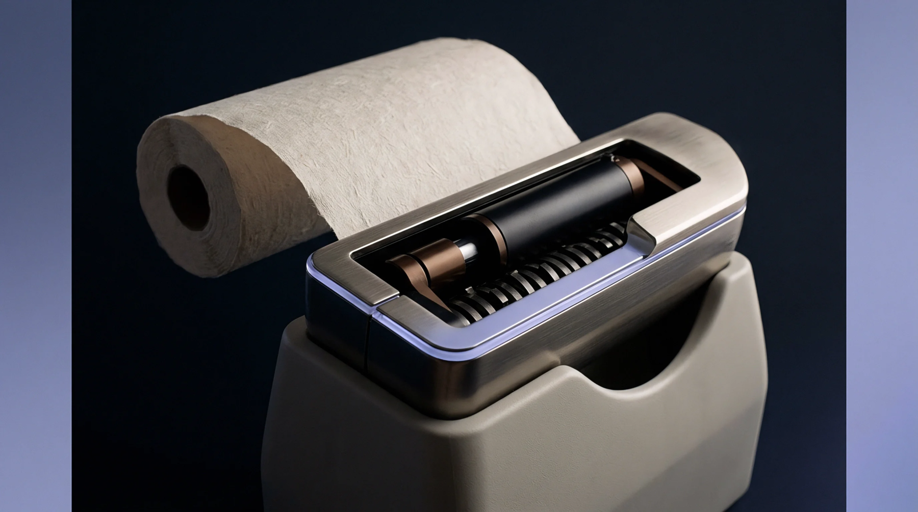 A digital render shows an unbleached paper web feeding through a motorized metal tensioning and winding mechanism.