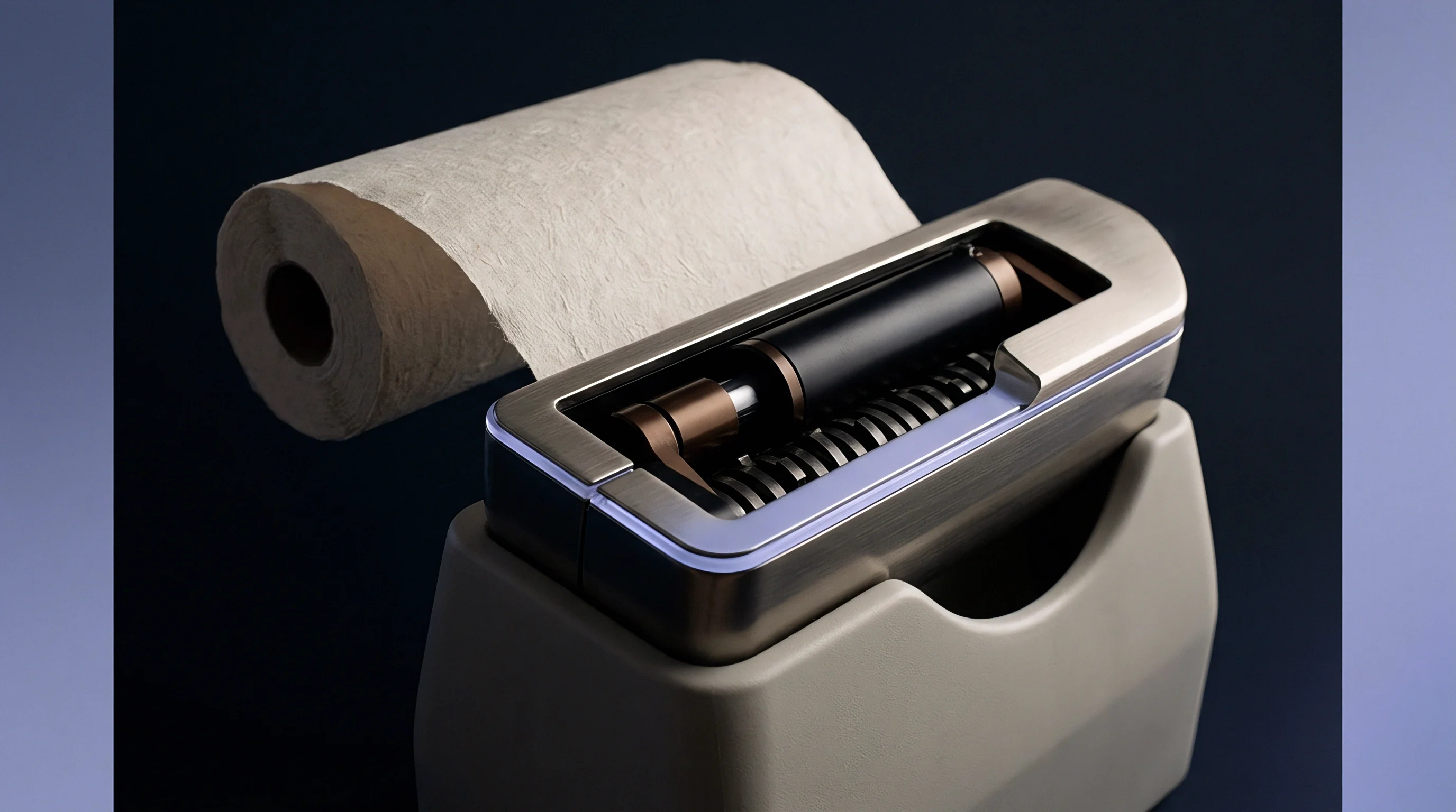 A digital render shows an unbleached paper web feeding through a motorized metal tensioning and winding mechanism.
