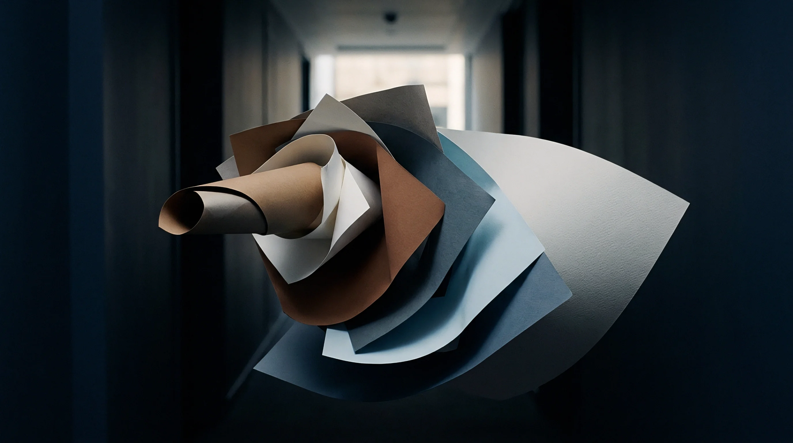 Several sheets of colored paper and kraft material fan out in a layered composition within a dimly lit architectural passage.
