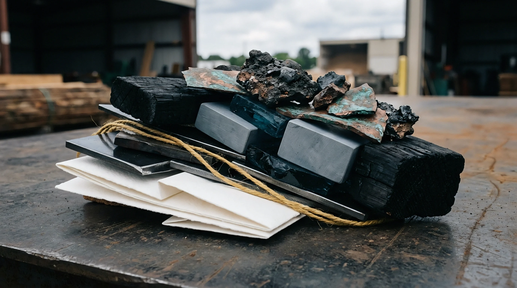 Various paper sheets metallic plates polymer blocks and charred wood pieces rest in a mixed stack upon an industrial steel work surface.