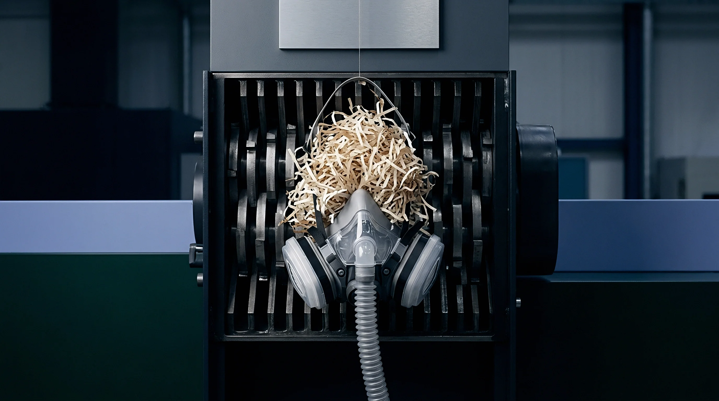 An industrial material shredder holds a respirator mask covered with shredded paper strips within a modern recycling facility.