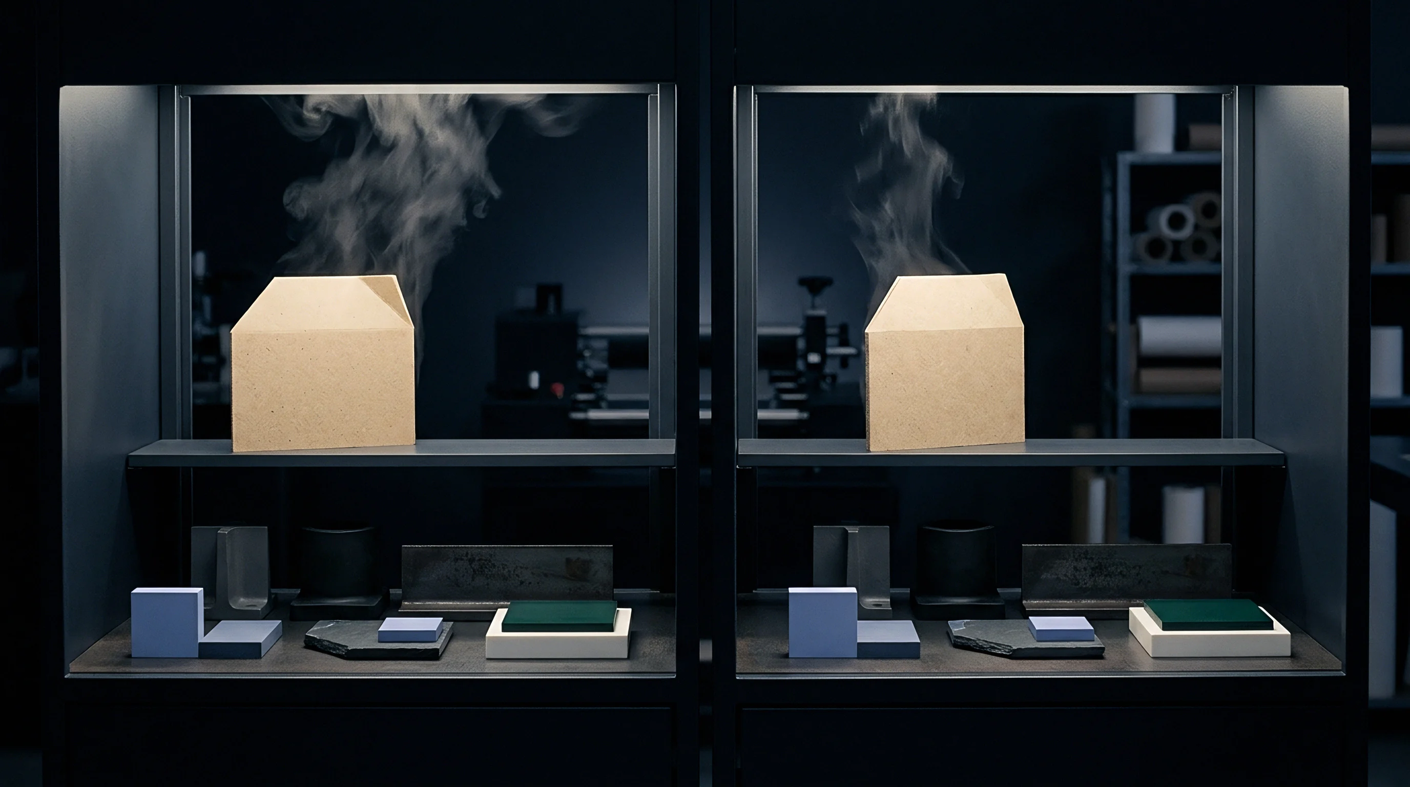 Two separate black metal compartments contain house shaped cardboard prototypes emitting white vapor above various material samples and architectural components.