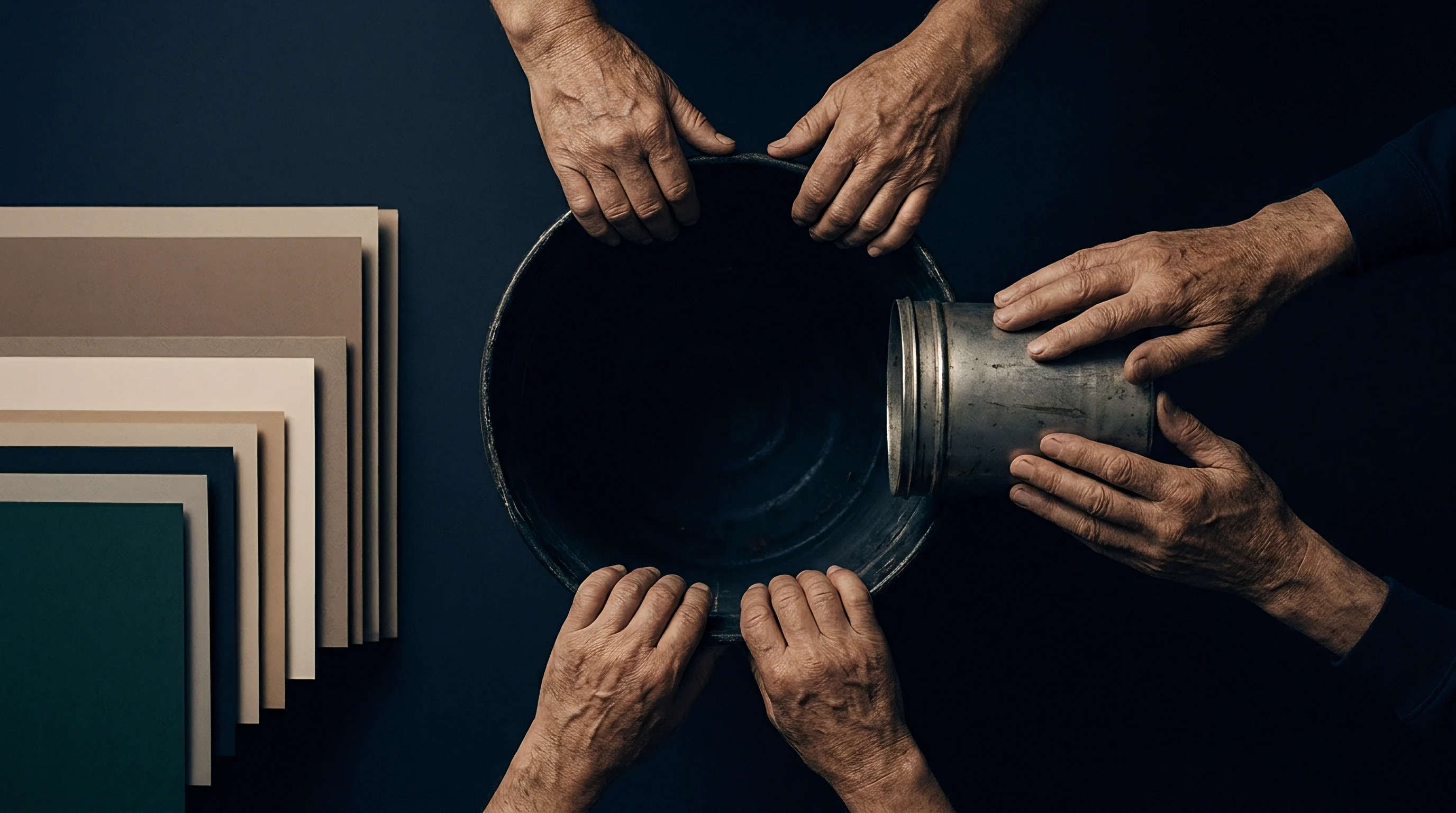 Several sets of weathered hands interact with metallic industrial containers and a fanned stack of diverse paper substrates on a dark background.
