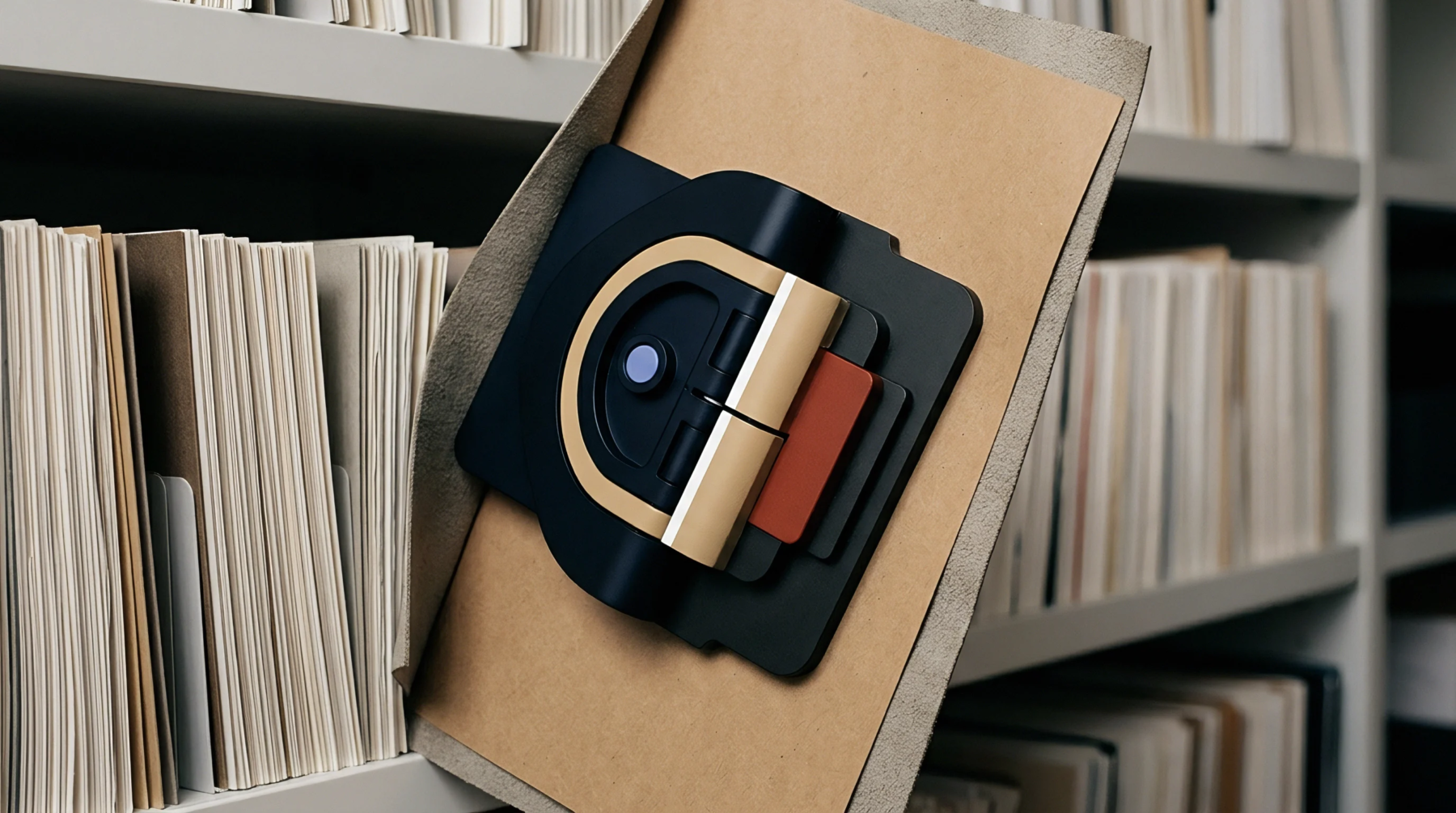 A heavy fiberboard document folder fitted with a complex metallic locking mechanism rests upright on a storage shelf inside a paper archive.