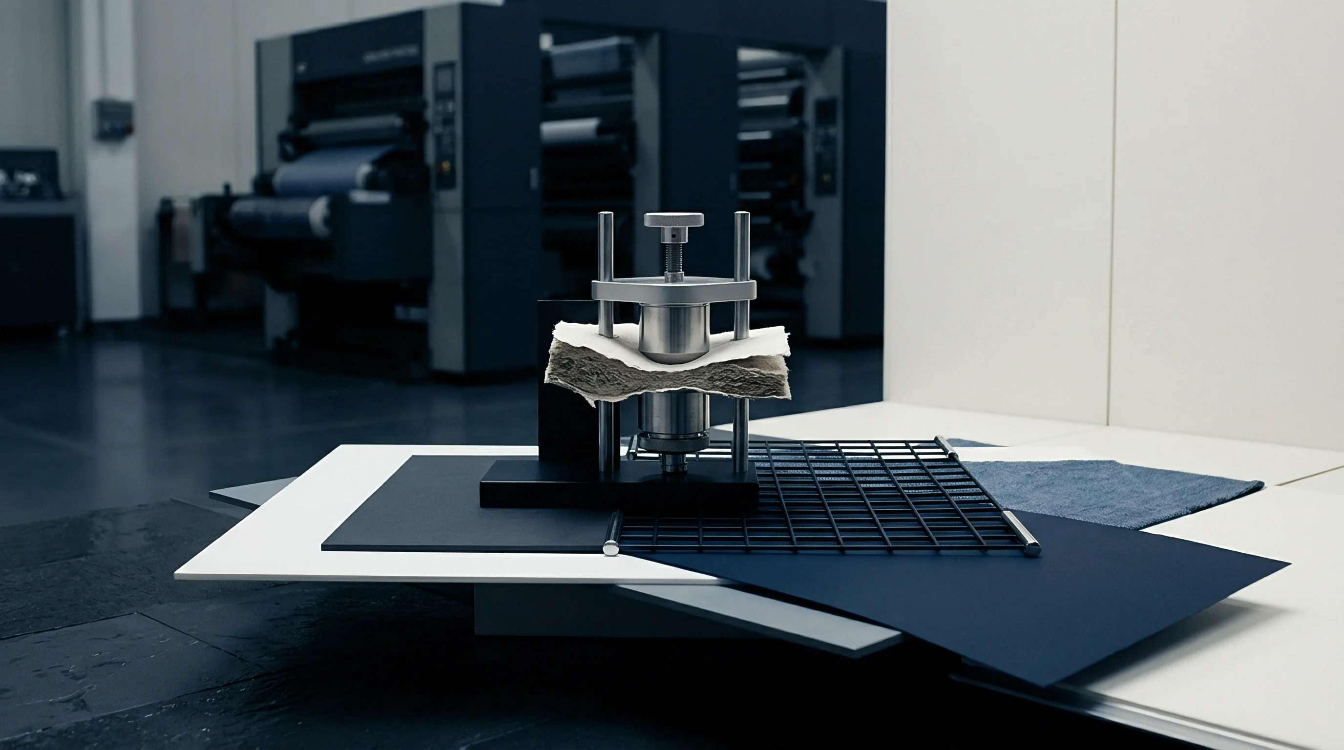 A textured fibrous sample within a metal laboratory press sits among paper stock samples near large industrial printing machinery in this 3D render.