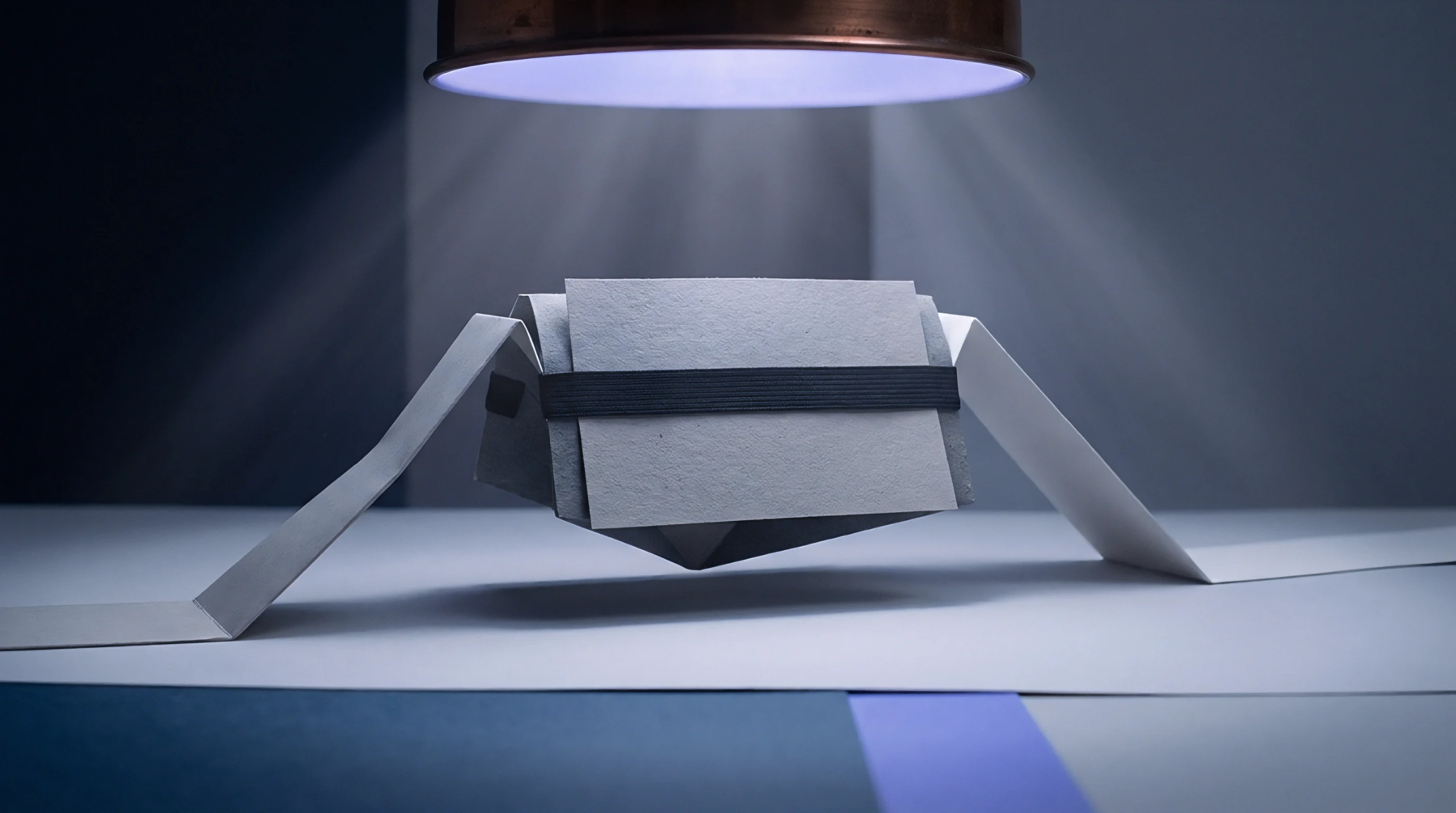 This folded paper structure, secured by a band, sits angled on a surface with supporting elements illuminated by overhead lighting.