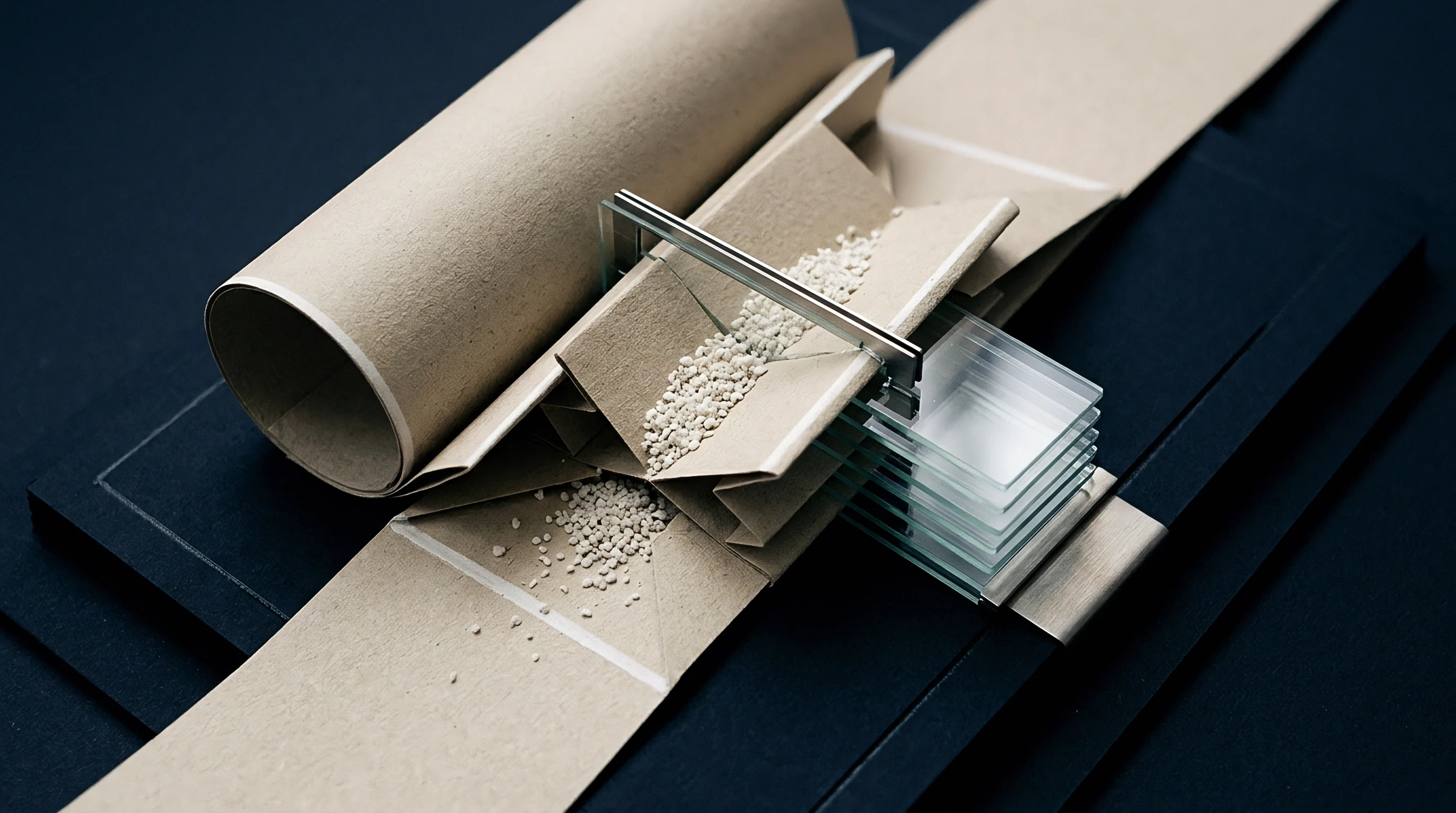 A rolled kraft paper cylinder rests alongside folded paperboard channels containing scattered white granules and stacked glass plates secured by a metal clip.