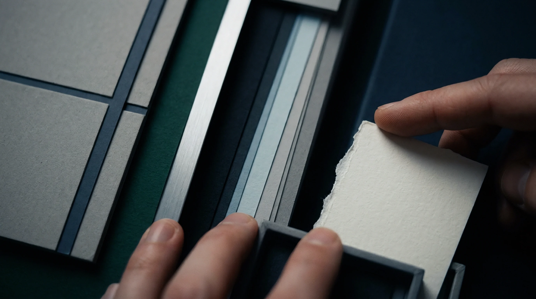 Hands remove a thick white deckle edged paper swatch from a structured sample box containing assorted grey and white material specimens.