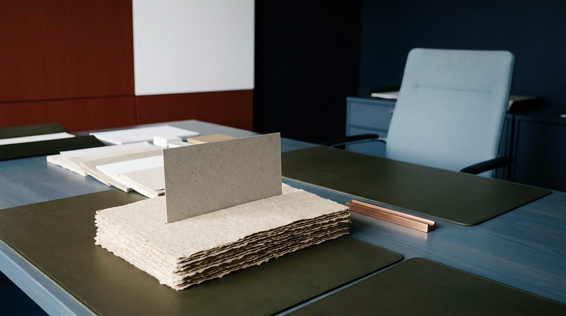 A thick stack of raw deckle edge handmade paper rests on a dark leather writing pad alongside a vertical grey board substrate sample.