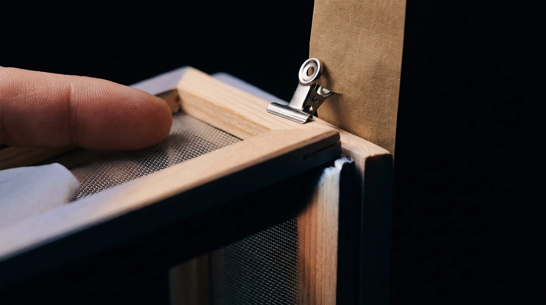 A wooden papermaking mold features a fine metal wire mesh screen secured by a metal clip against a dark background.