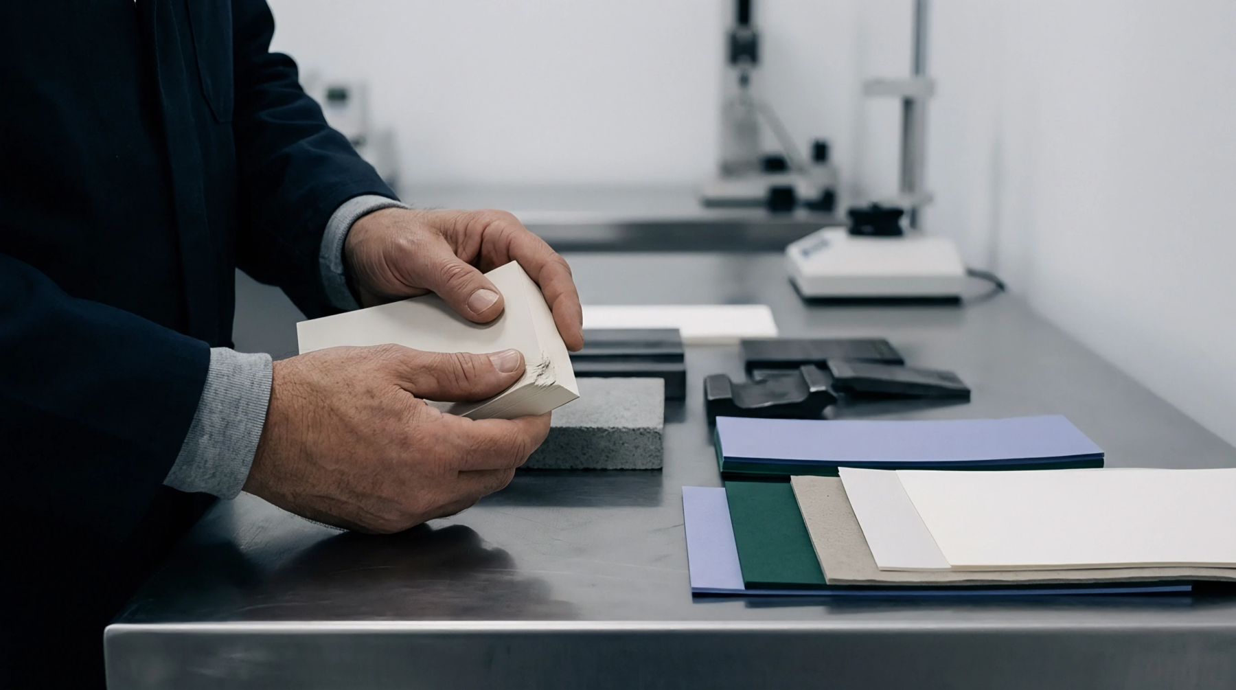 Hands closely examine a thick, off-white material sample, a potential substrate, on a metal laboratory workbench.