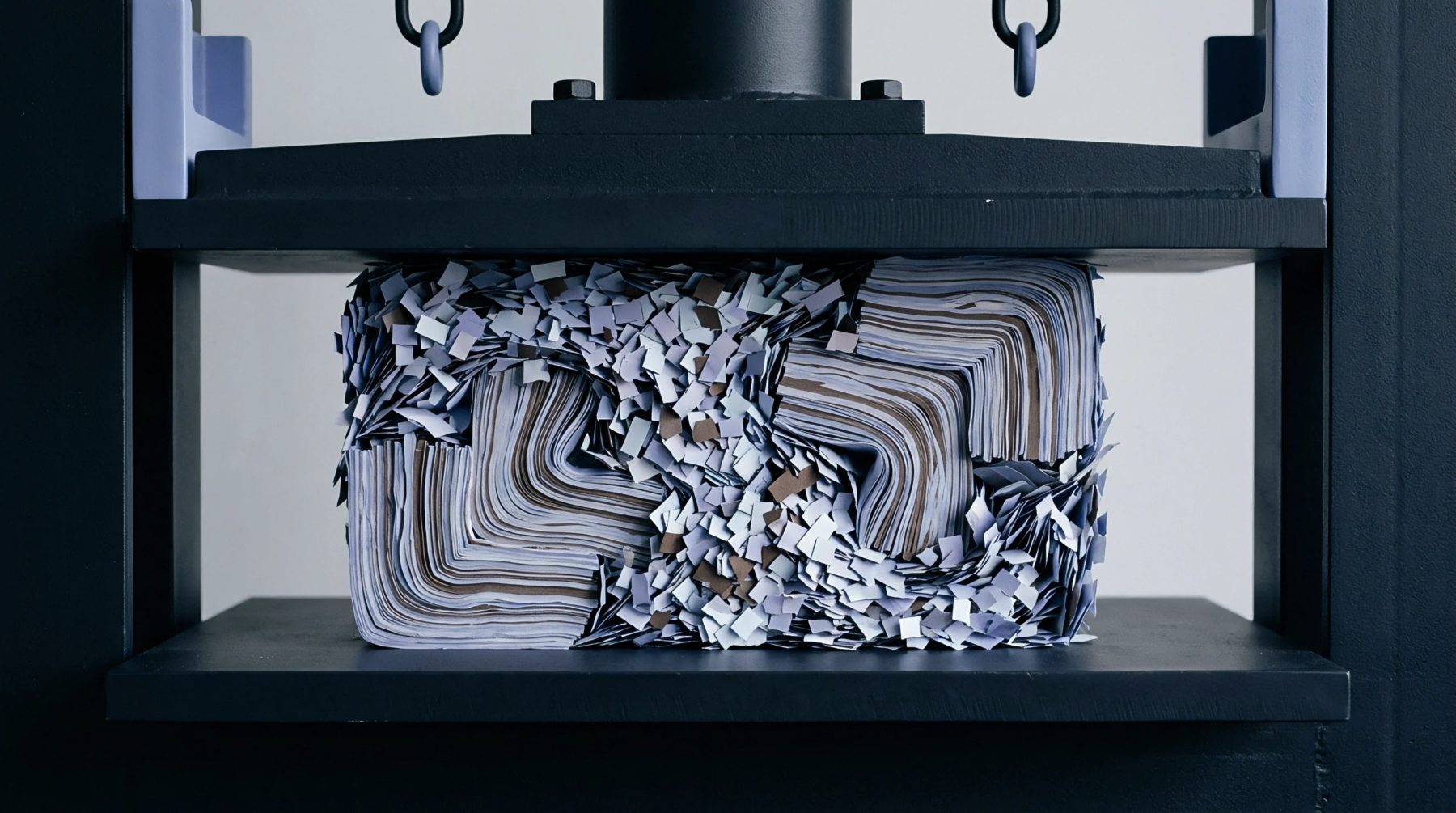 A hydraulic press applies extreme vertical pressure to a dense stack of grey paper sheets and square cut waste fragments.