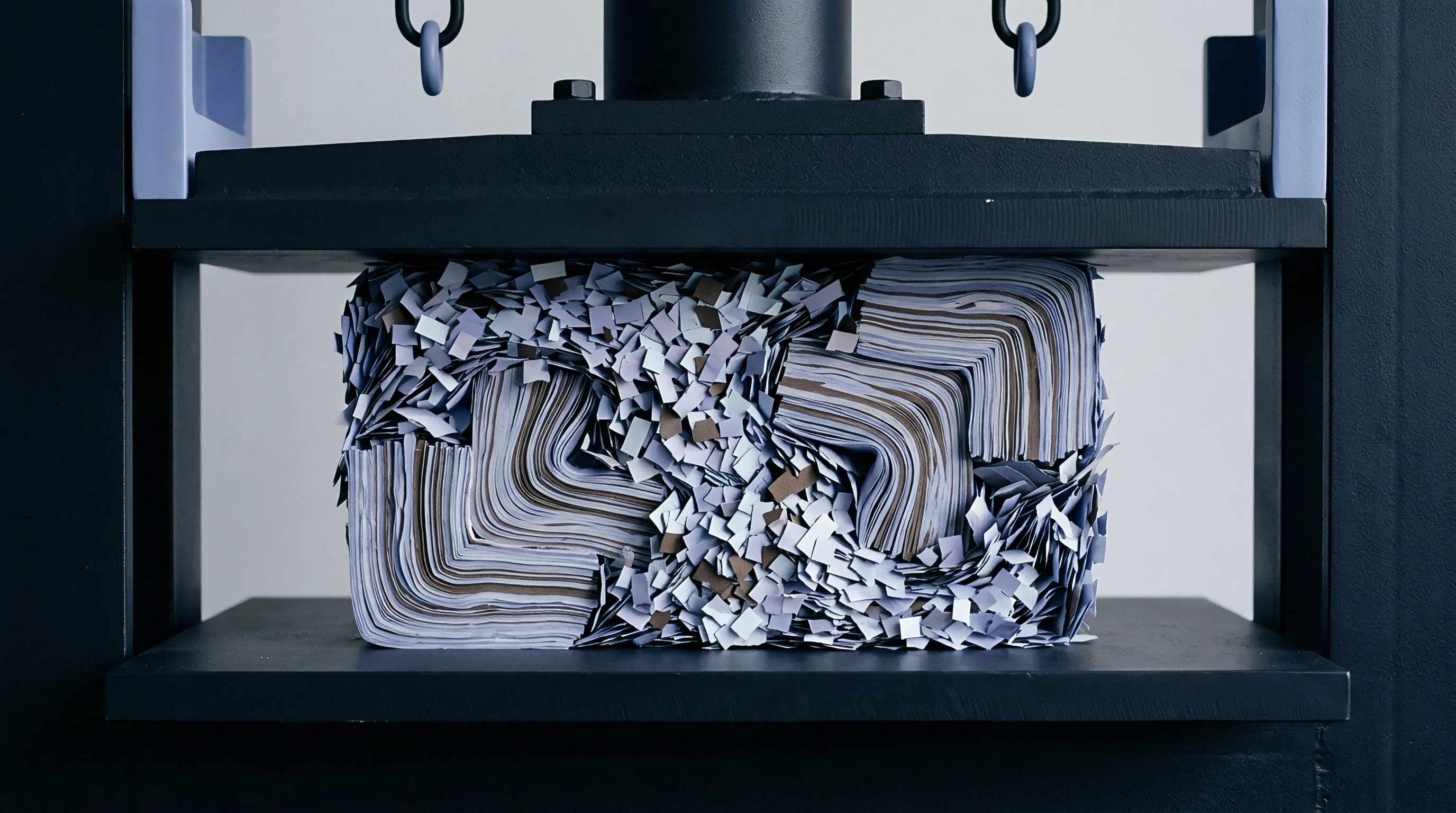A hydraulic press applies extreme vertical pressure to a dense stack of grey paper sheets and square cut waste fragments.