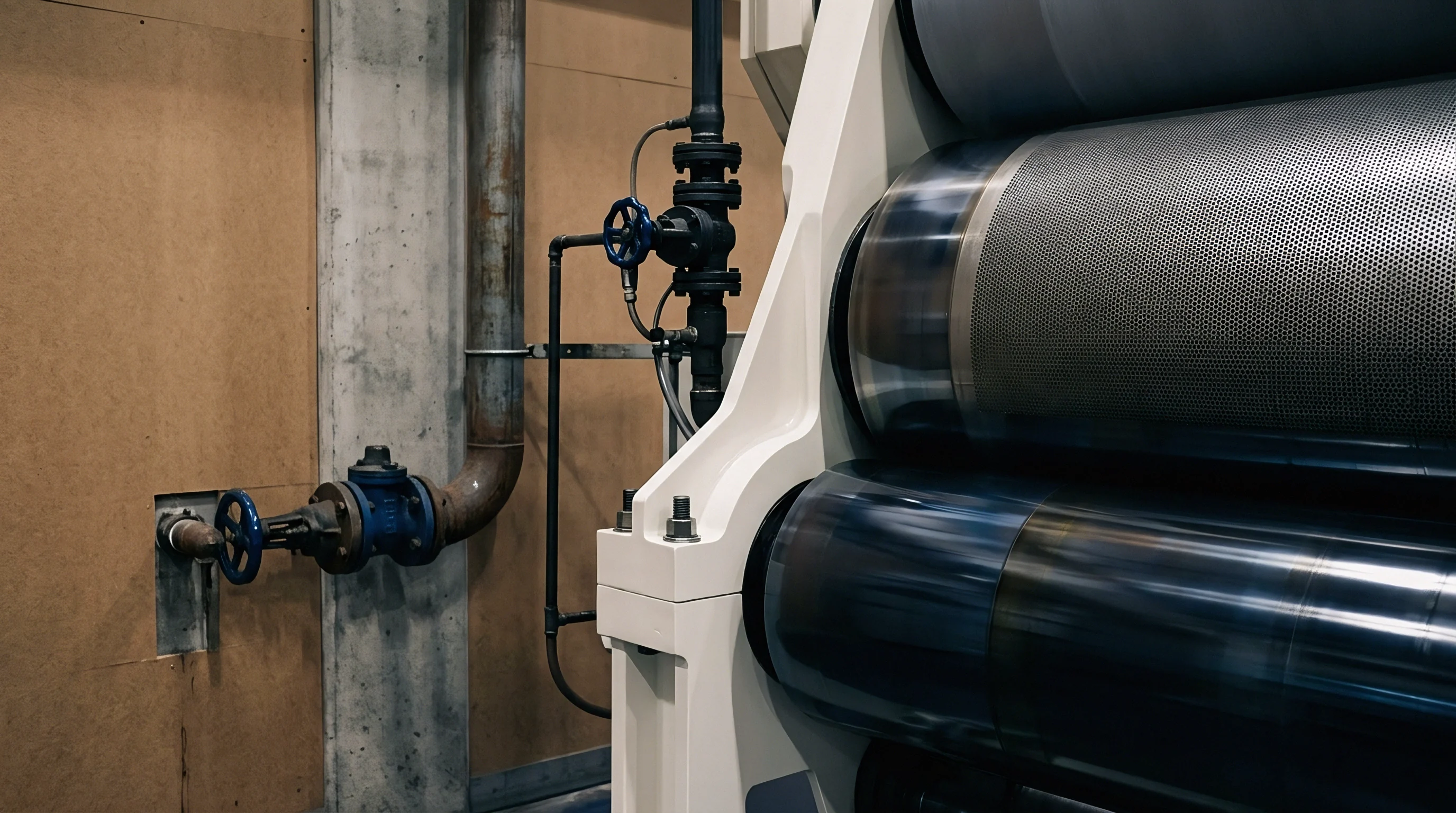 Vertical industrial rollers supported by a robust white frame stand adjacent to pipes and valves inside a large manufacturing facility.