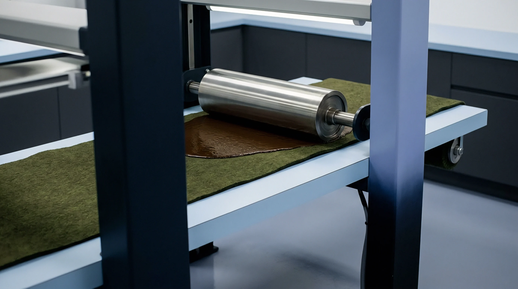 A heavy metal roller presses a viscous coating onto a thick green fibrous sheet moving along an industrial material testing conveyor.