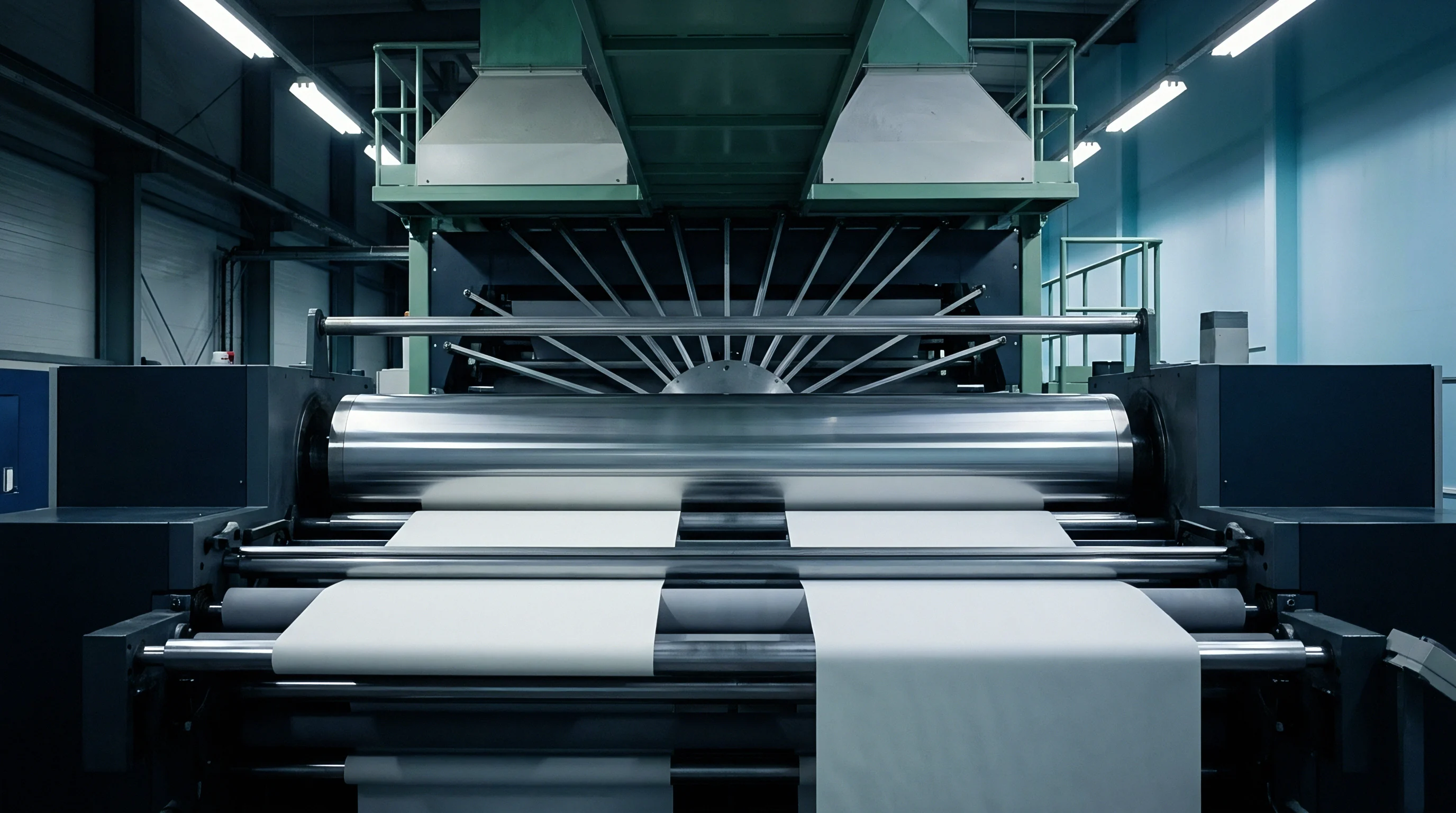 Heavy industrial web converting machinery feeds continuous white substrate sheets across polished steel rollers within a manufacturing facility.
