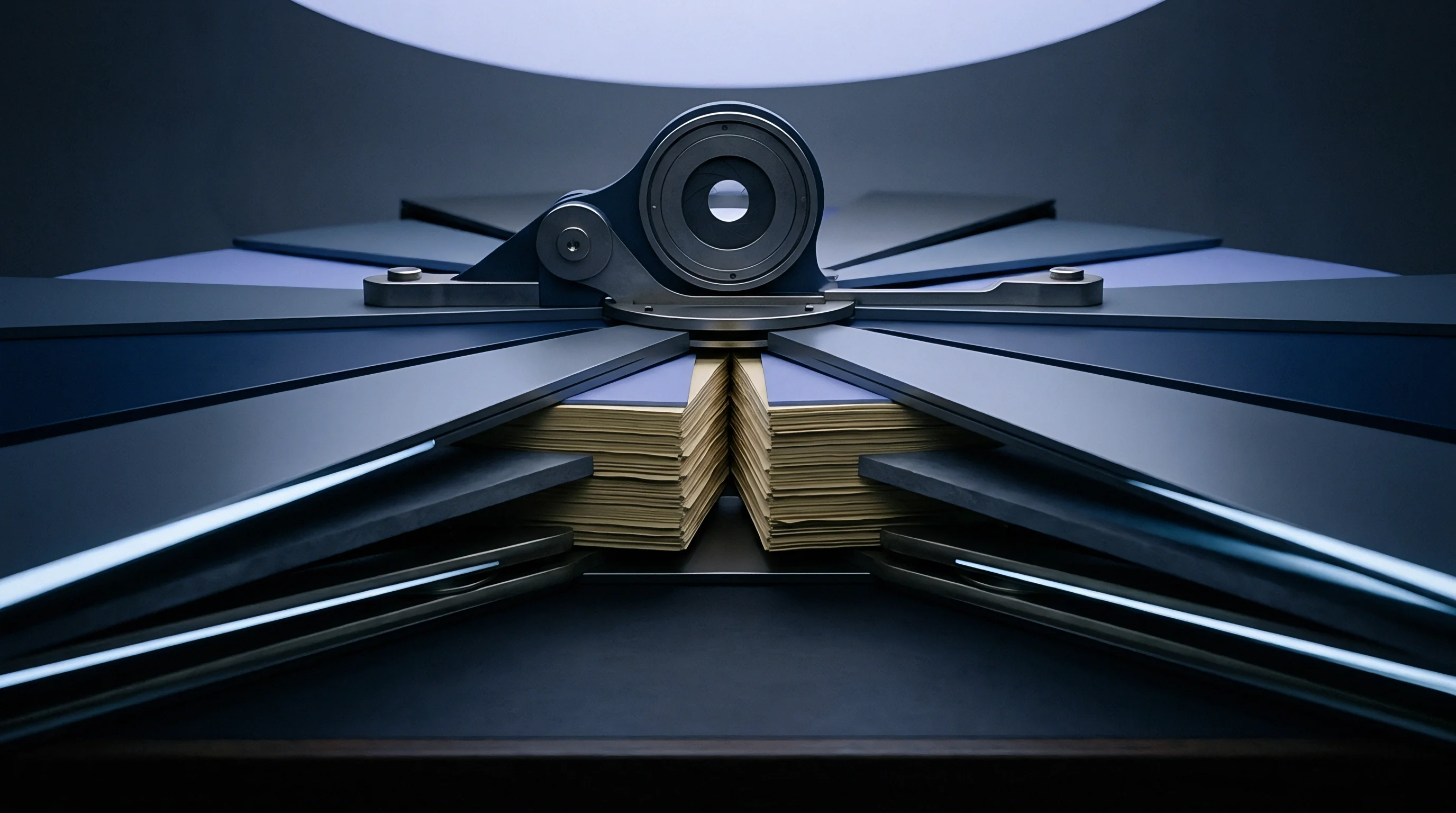 A central rotary mechanical assembly positions above two dense stacks of blue topped paper sheets on a dark workspace.