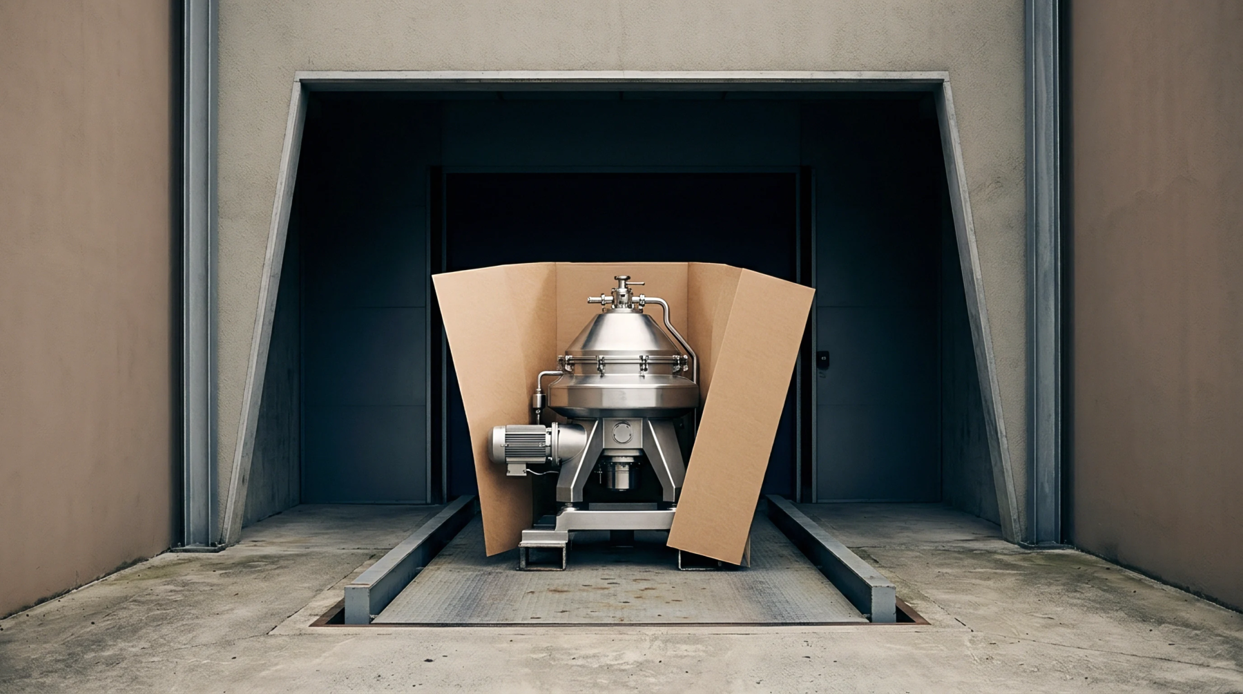 A large stainless steel industrial centrifuge or separator unit is secured within protective corrugated cardboard panels, positioned on a loading dock.