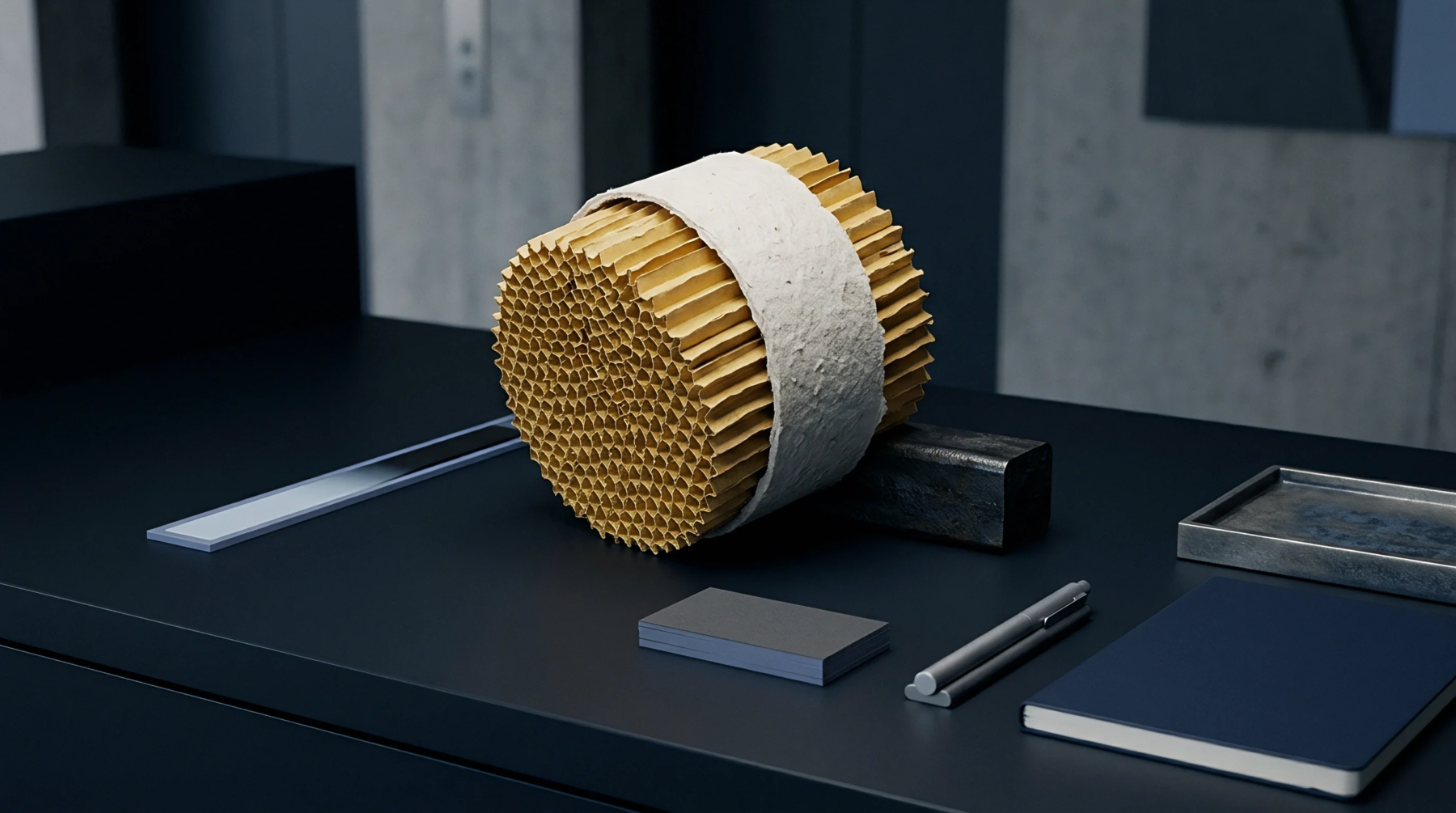 Honeycomb paper cylinder wrapped in textured substrate rests on a matte desk alongside a notebook and metal stationery accessories in a digital render.