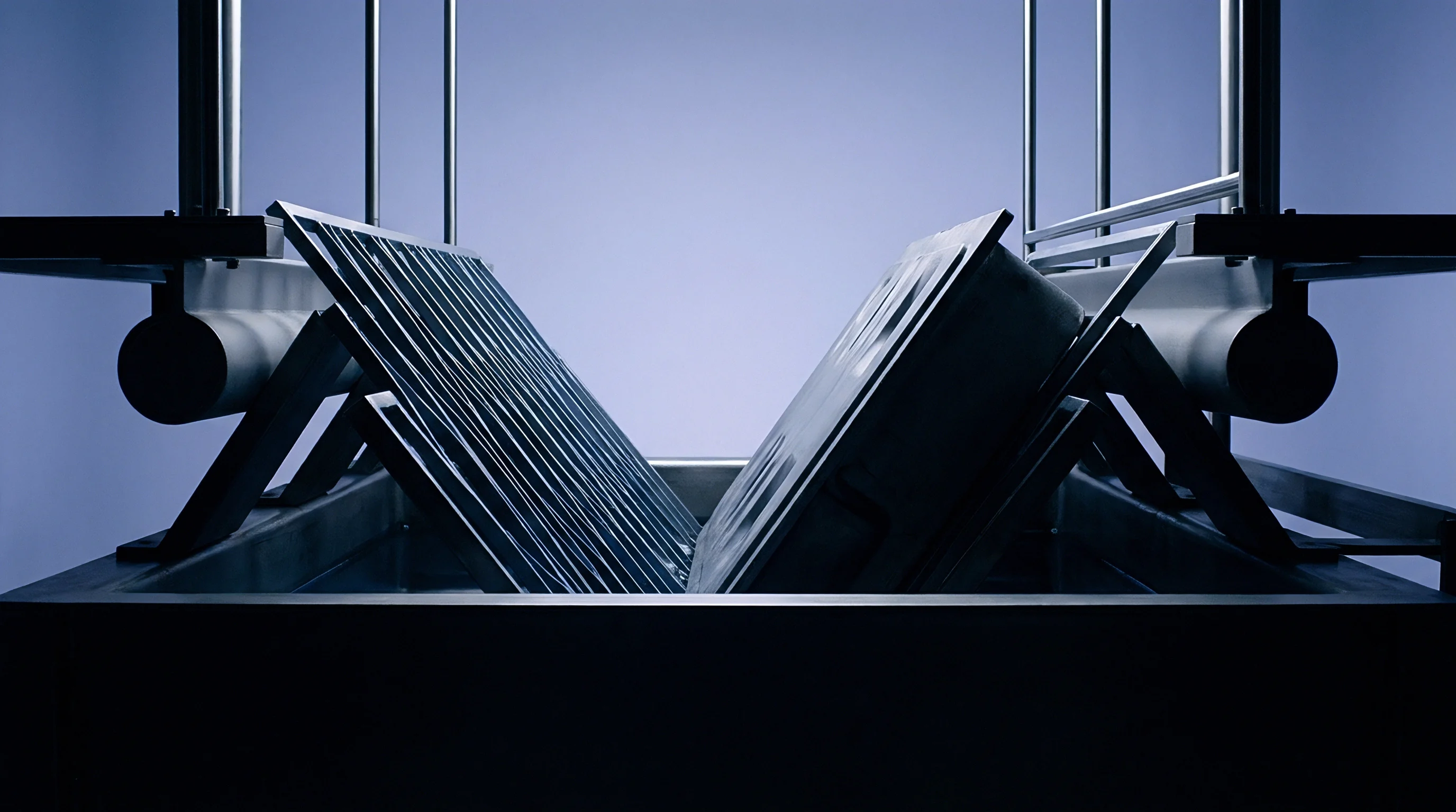 Two textured tooling plates are held in a symmetrical V shape while partially submerged in a dark liquid coating bath.