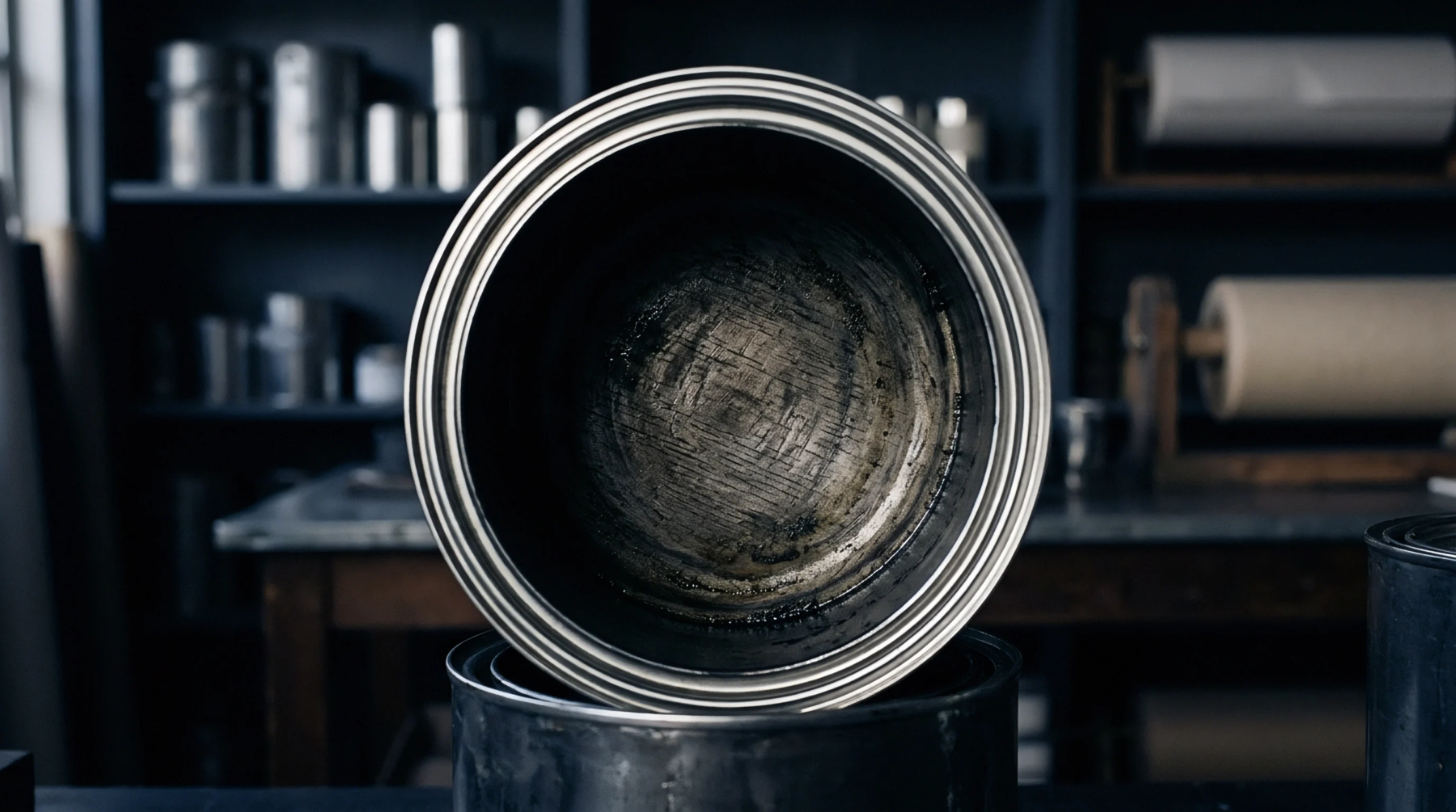 An open cylindrical metal container with dark liquid residue stands stacked in a production facility filled with shelving and substrate rolls.