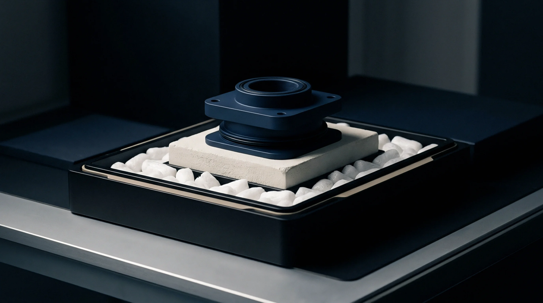 An industrial component with visible threading is presented on a light substrate surrounded by white cushioning within a dark containment unit.