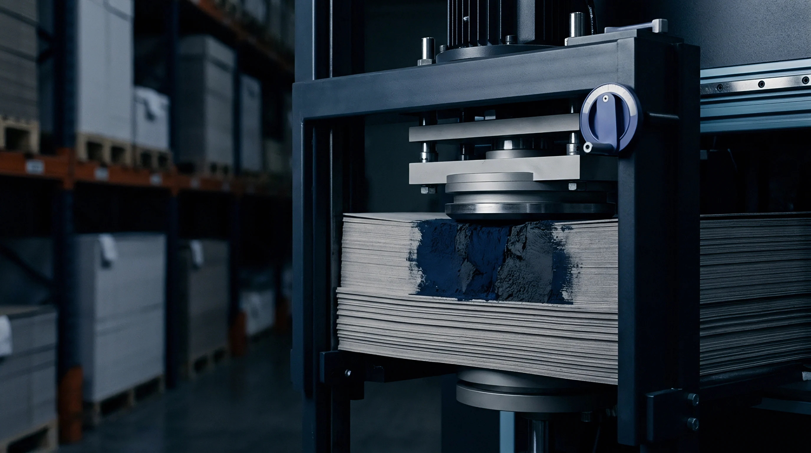 Precision equipment applies vertical pressure to a large stack of paper substrates within a climate controlled factory setting.