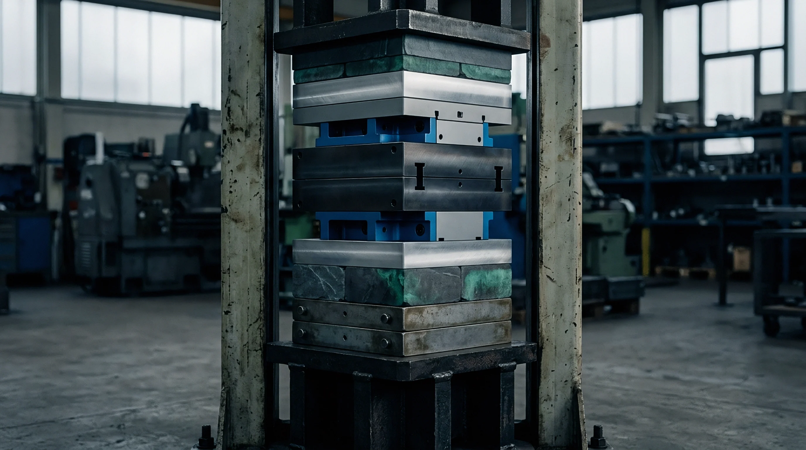 Heavy metal die assembly sits within a vertical press frame inside a manufacturing facility designed for industrial material conversion and packaging production.