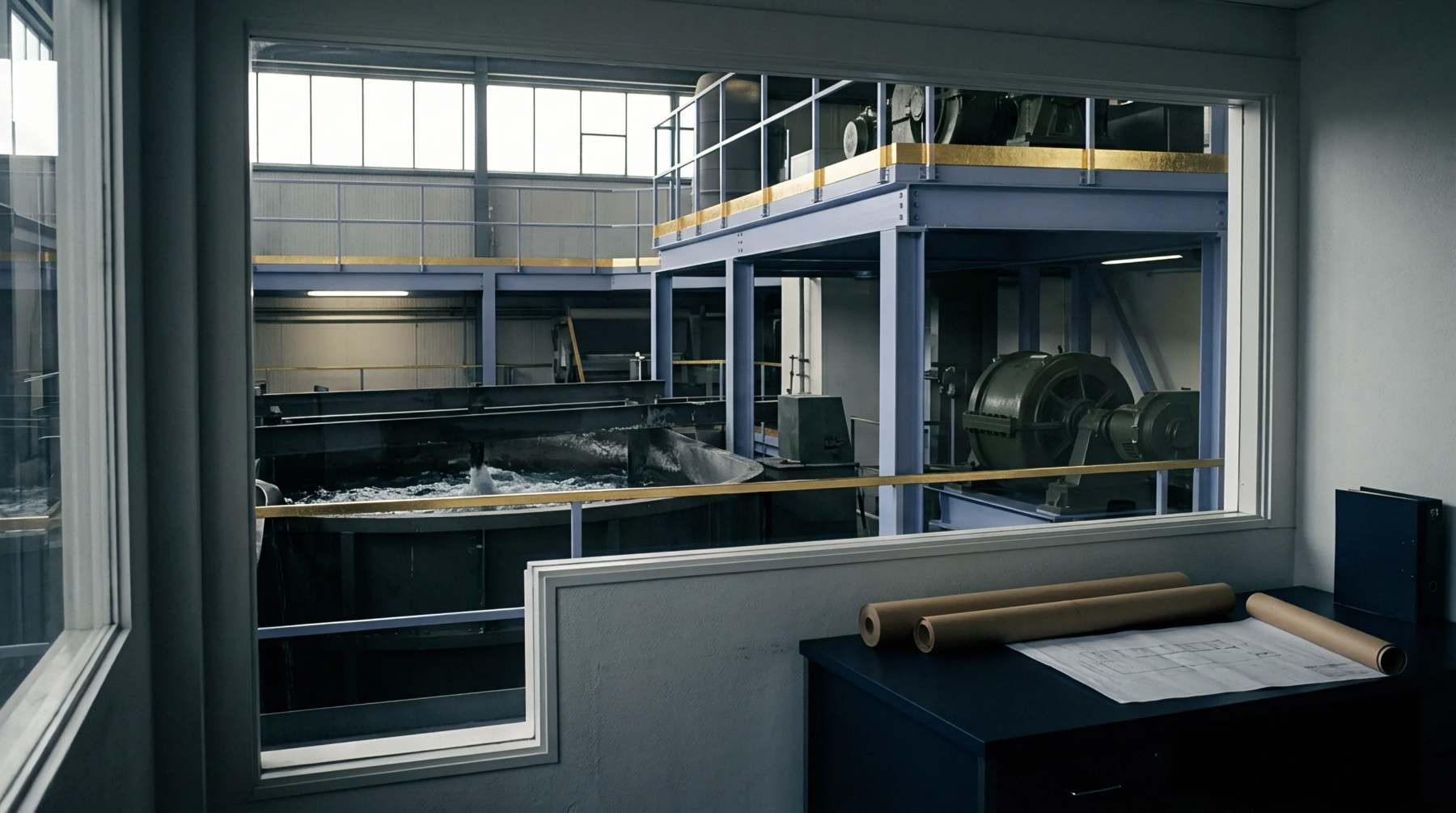 Industrial manufacturing equipment operates inside a large paper mill viewed through a glass partition from an administrative control office.