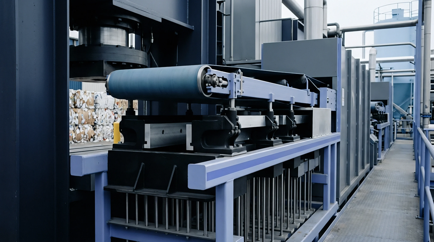 Industrial machinery featuring a blue conveyor belt is shown next to compressed bales of recyclable paper in a production environment.