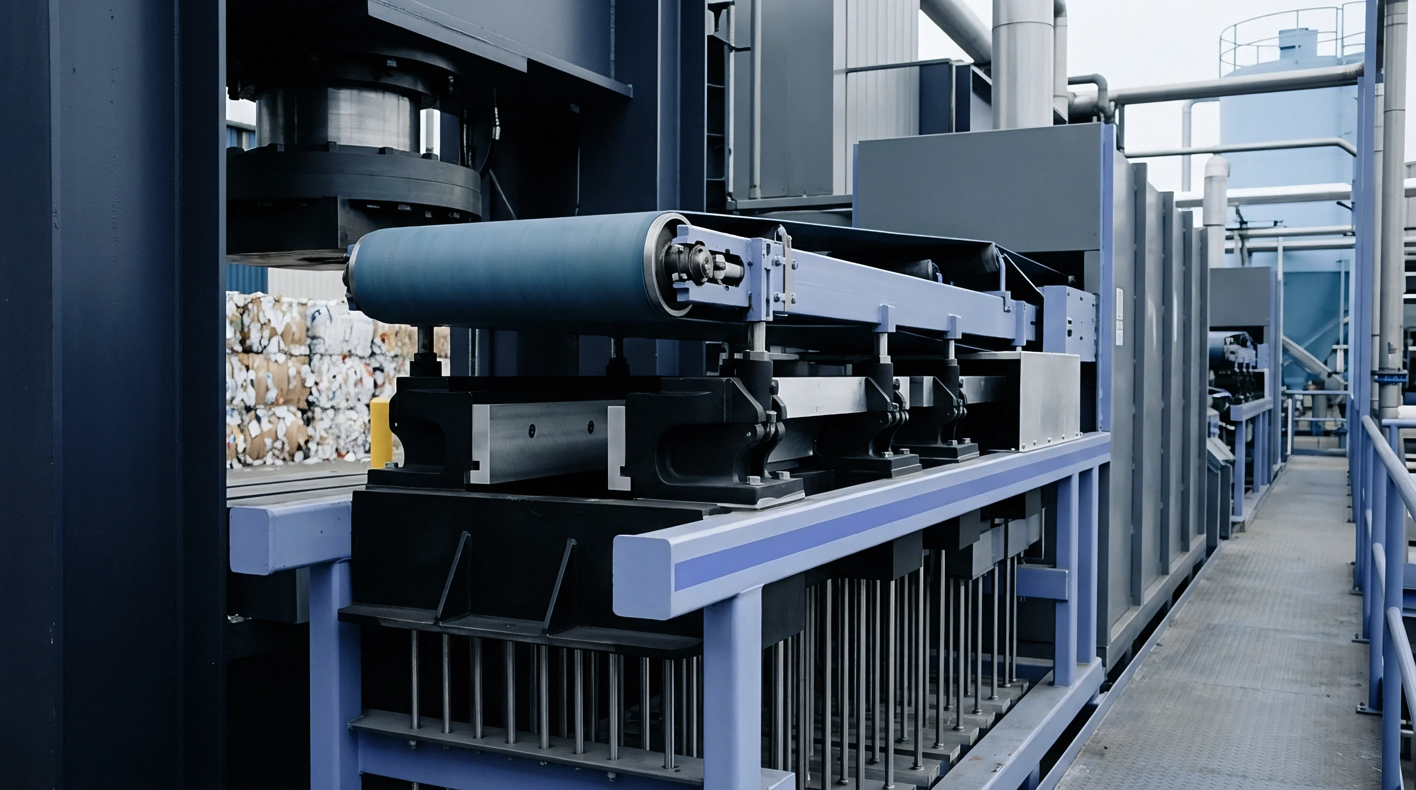 Industrial machinery featuring a blue conveyor belt is shown next to compressed bales of recyclable paper in a production environment.