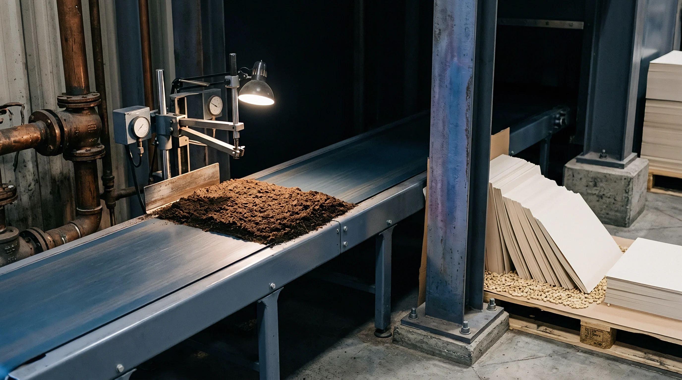 Brown fibrous material moves along an industrial conveyor belt inside a manufacturing facility equipped with gauges and task lighting.