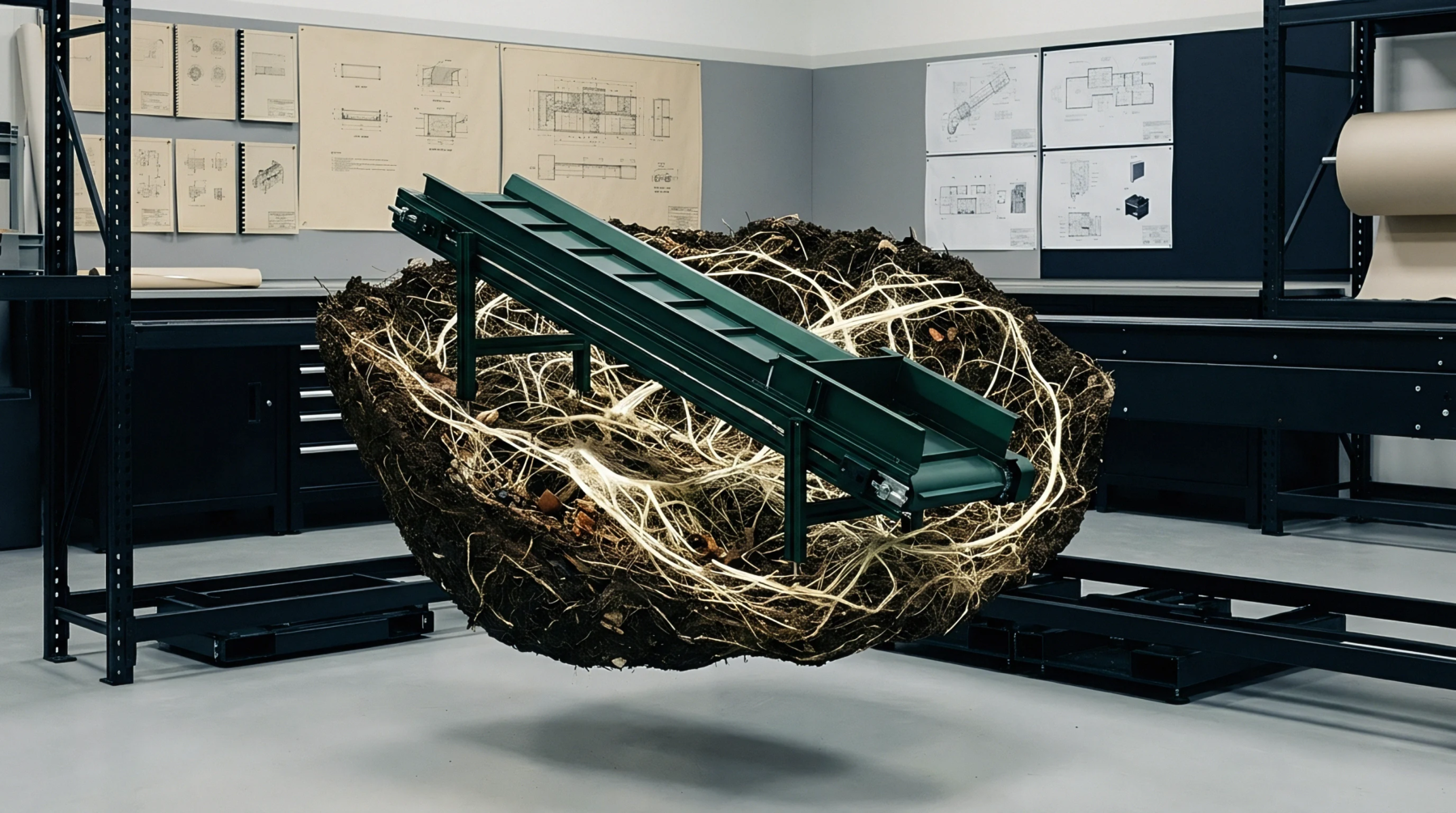 A digital render positions a dark green industrial conveyor system atop a floating organic mass of earth and thick fibrous roots.