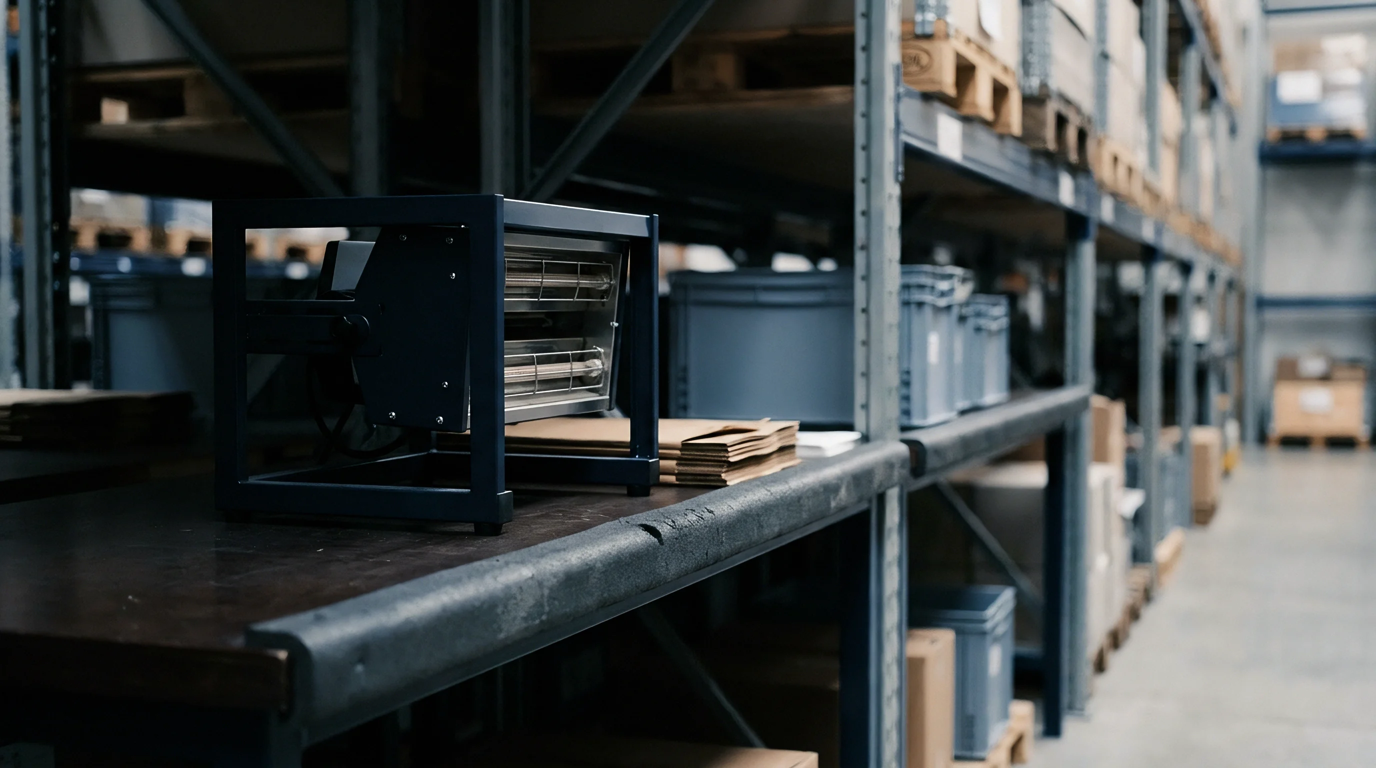 A dual bulb infrared drying lamp rests on a workstation shelf beside flat paperboard bundles inside a large scale conversion facility.