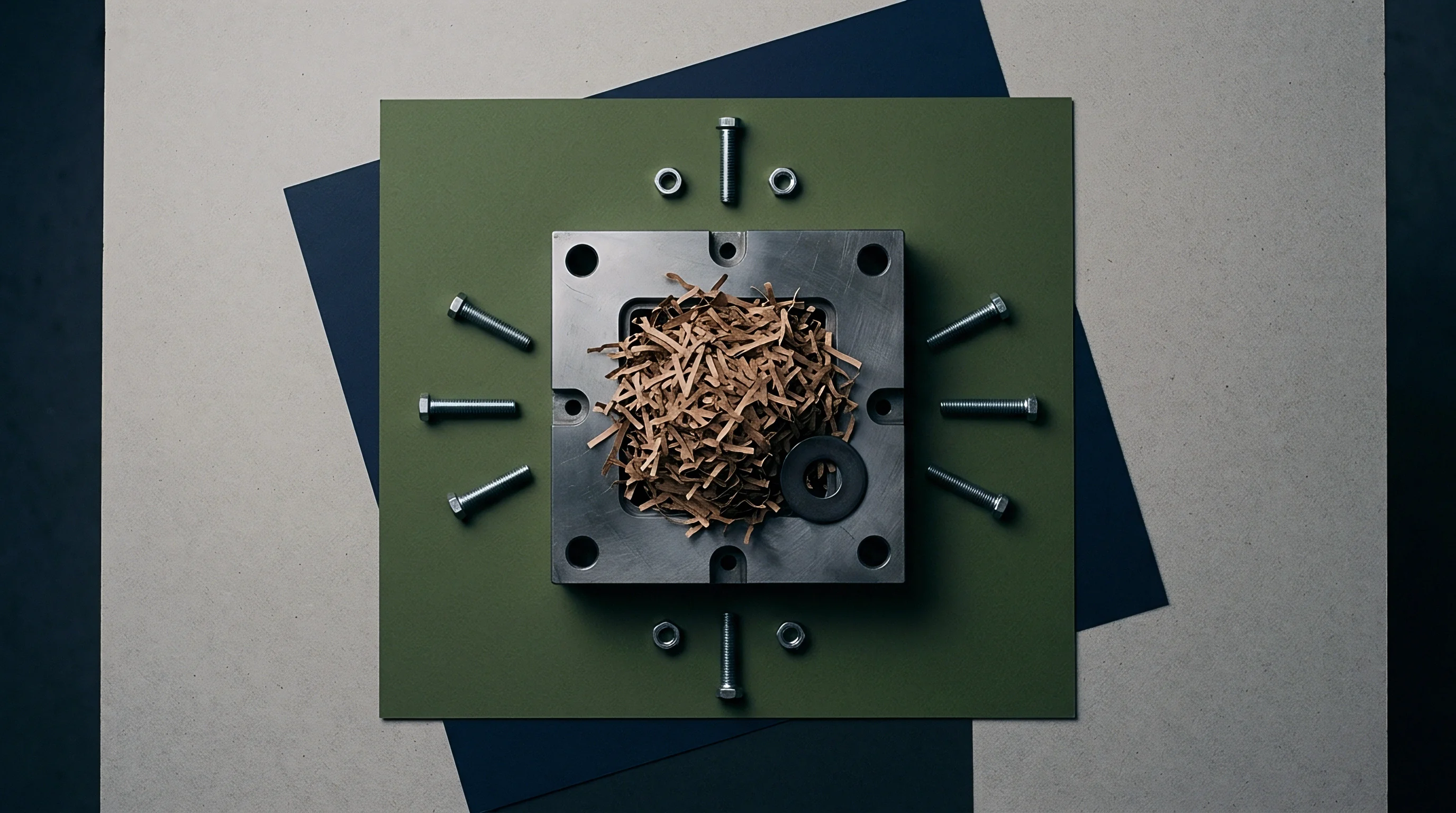 A metal die filled with shredded paper material and a washer is centered, surrounded by bolts and nuts arranged like a clock face against a layered substrate.