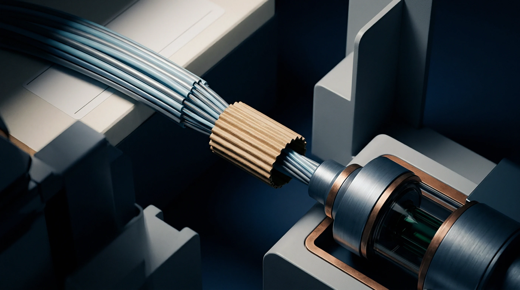 Metallic fibers transition through a cogged feeder mechanism into a cylindrical assembly within an automated industrial manufacturing station.